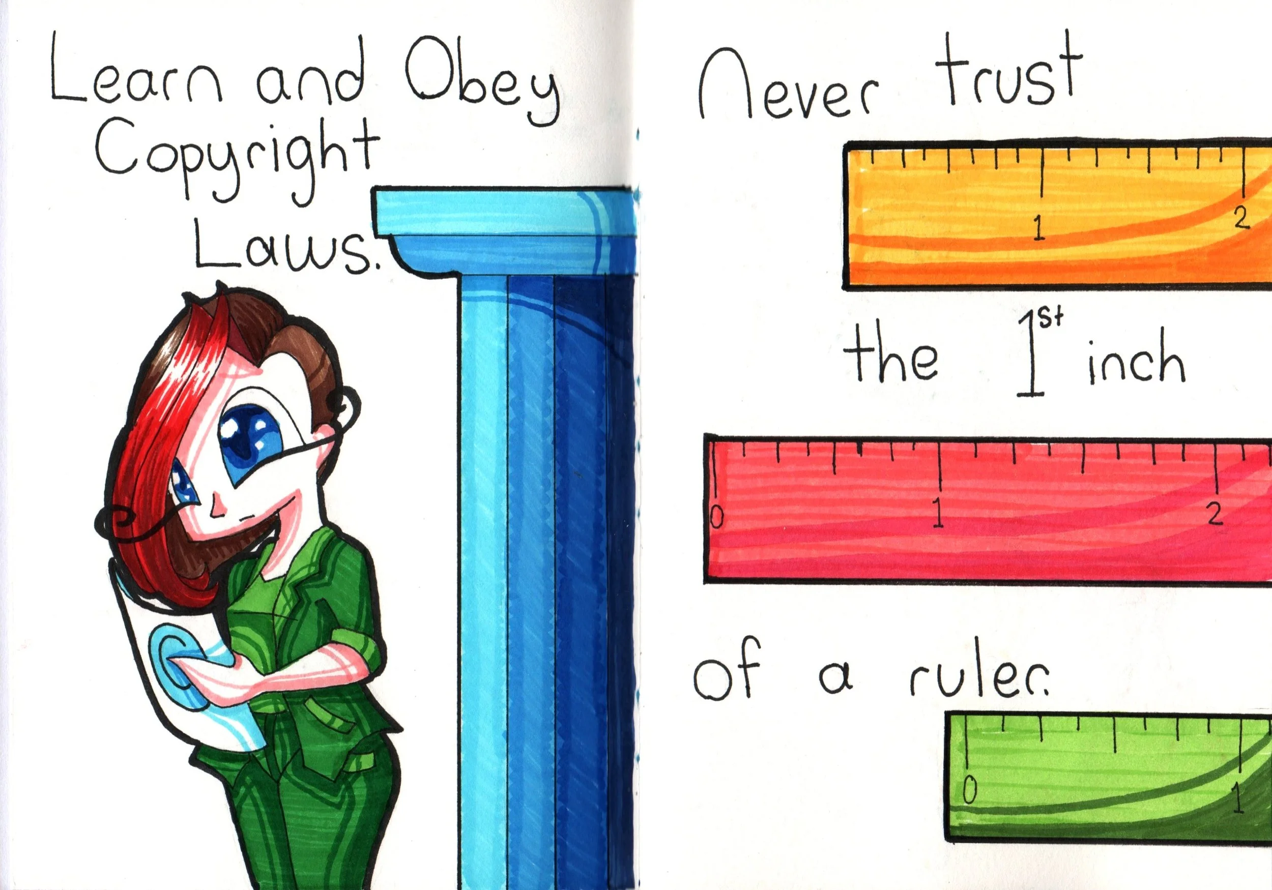 Hand-drawn illustration of a girl with red hair wearing glasses and a green shirt, holding a paper, alongside colorful rulers and a handwritten quote about learning, obeying, and trusting.