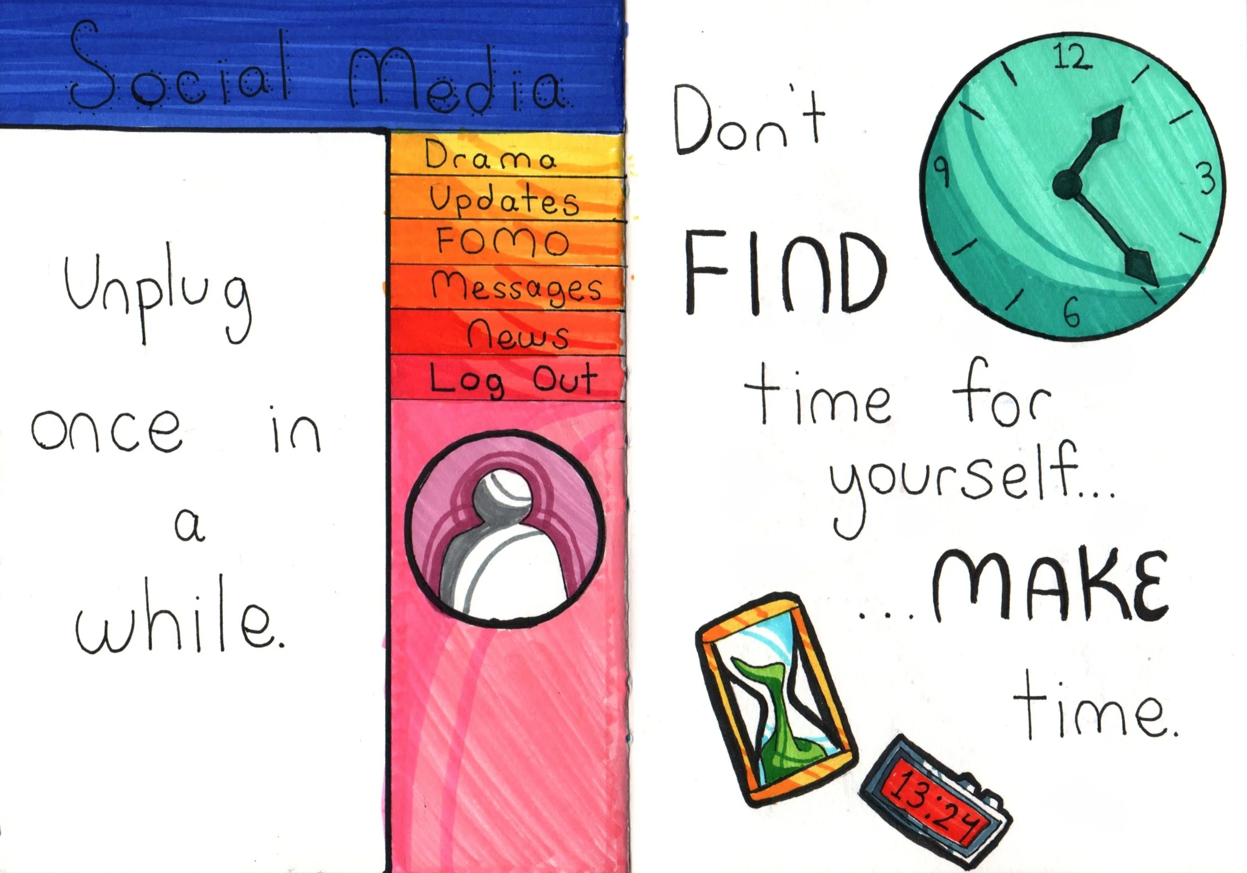 A handwritten note about social media with a colorful list of topics including drama, updates, FOMO, messages, news, and log out, and a clock showing approximately 1:10.