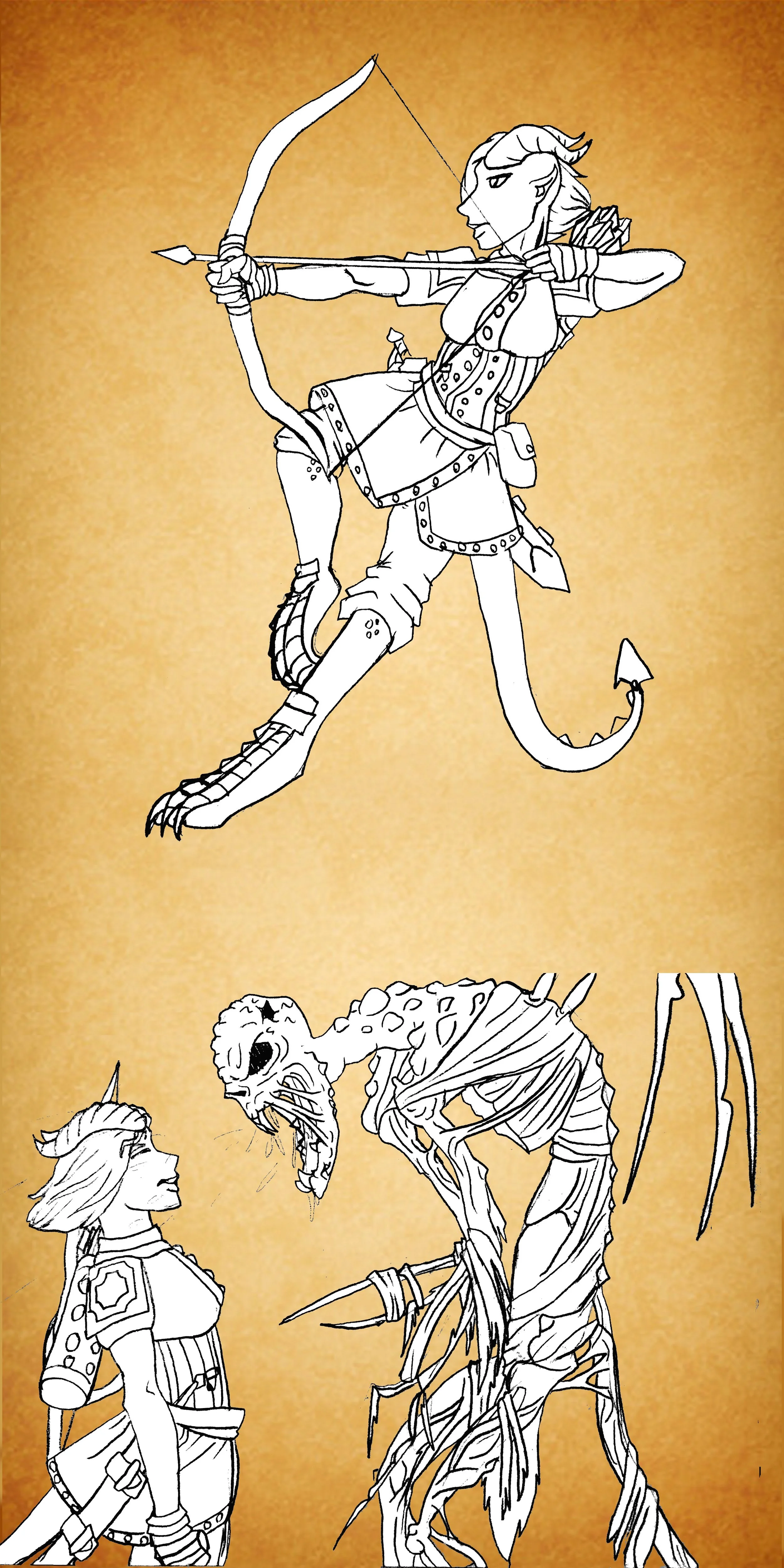 Line art illustration of a fantasy scene with a female elf archer aiming her bow at a monster while a female warrior looks on, facing a skeletal creature with a long tail and claws against a background resembling parchment.