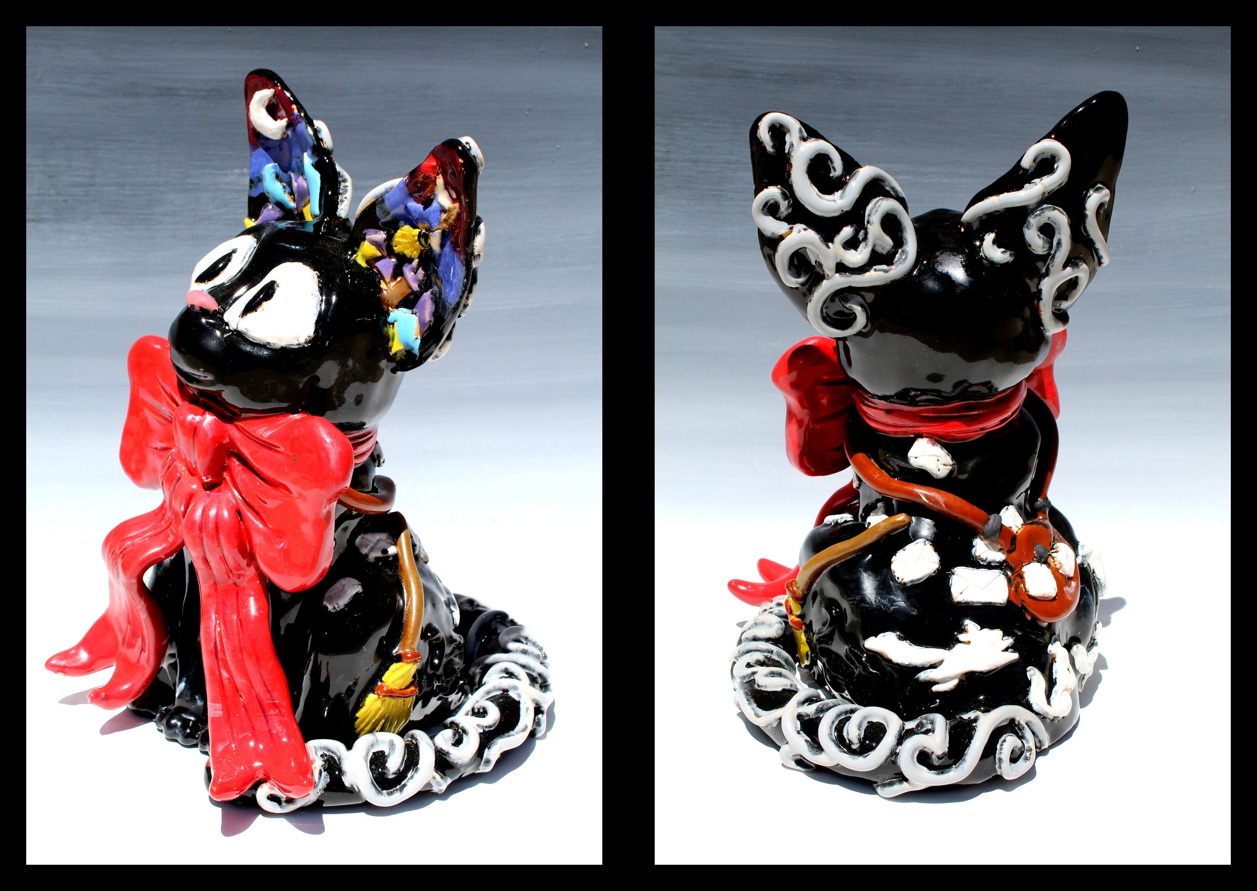 Two close-up views of a panda figurine made of black, white, and colorful glass, with a red ribbon tied around its neck, placed against a plain background.