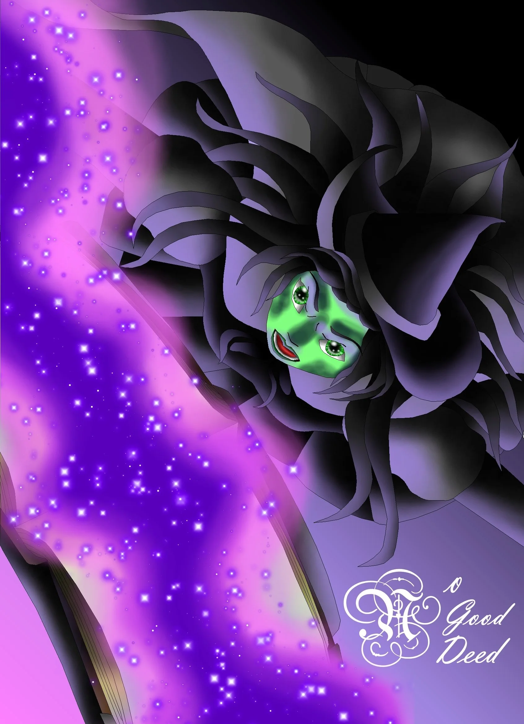 Digital illustration of a woman with green skin and black hair, lying down with a purple and black background filled with stars and sparkles, and white decorative text reading 'Good Deed'.