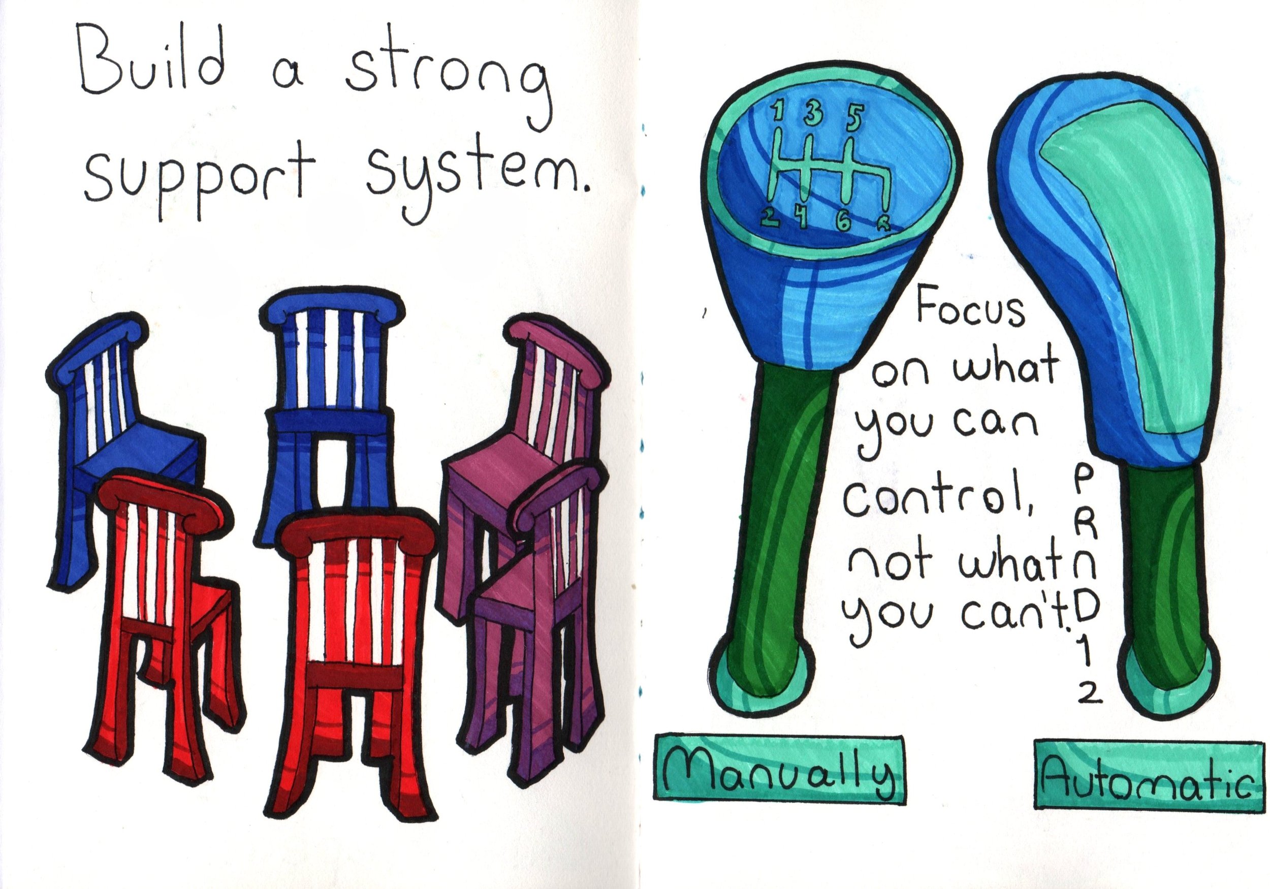 Colorful illustration of a variety of chairs in red, purple, blue, and pink, accompanied by handwritten text that reads 'Build a strong support system' and a drawing of a gear shift and foot pedal with the words 'Focus on what you can control, P, R, 