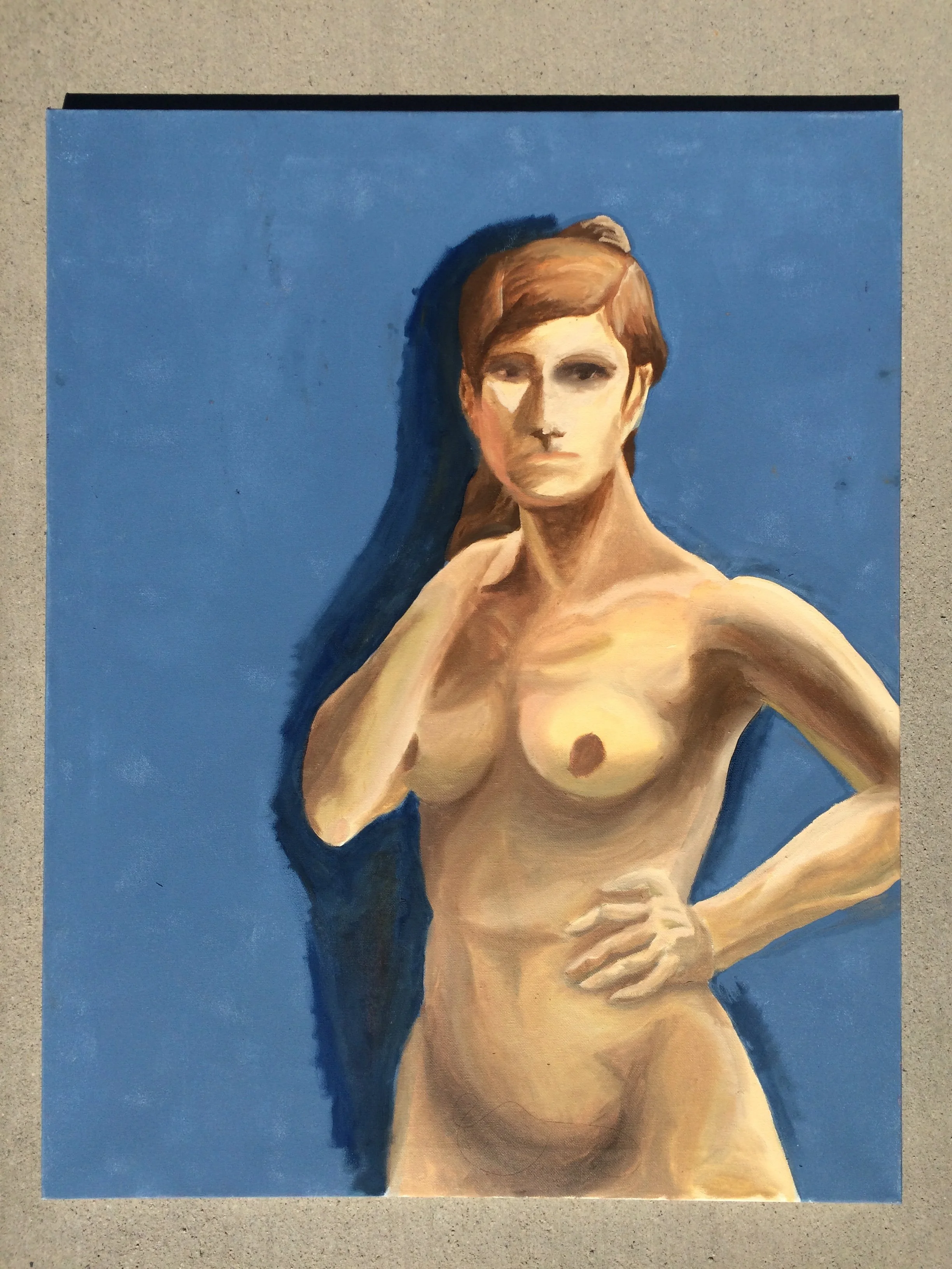 Painting of a nude woman with short brown hair, sitting against a blue background.