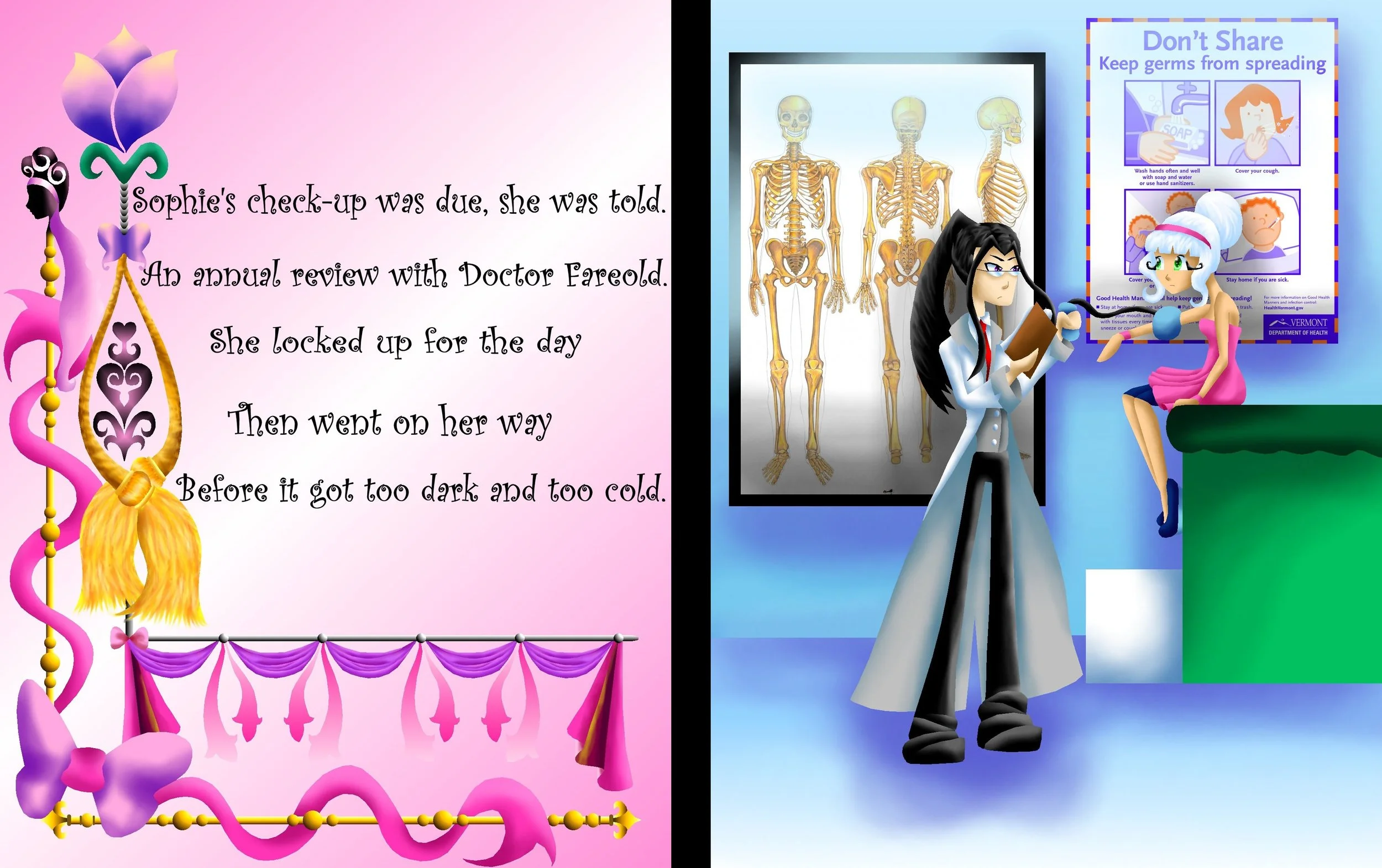 A pink background features a decorative border with pink, yellow, and purple accents, with a quote about a girl's visit to the doctor. The right side has a blue background with a health poster about preventing germs, an illustration of a doctor check