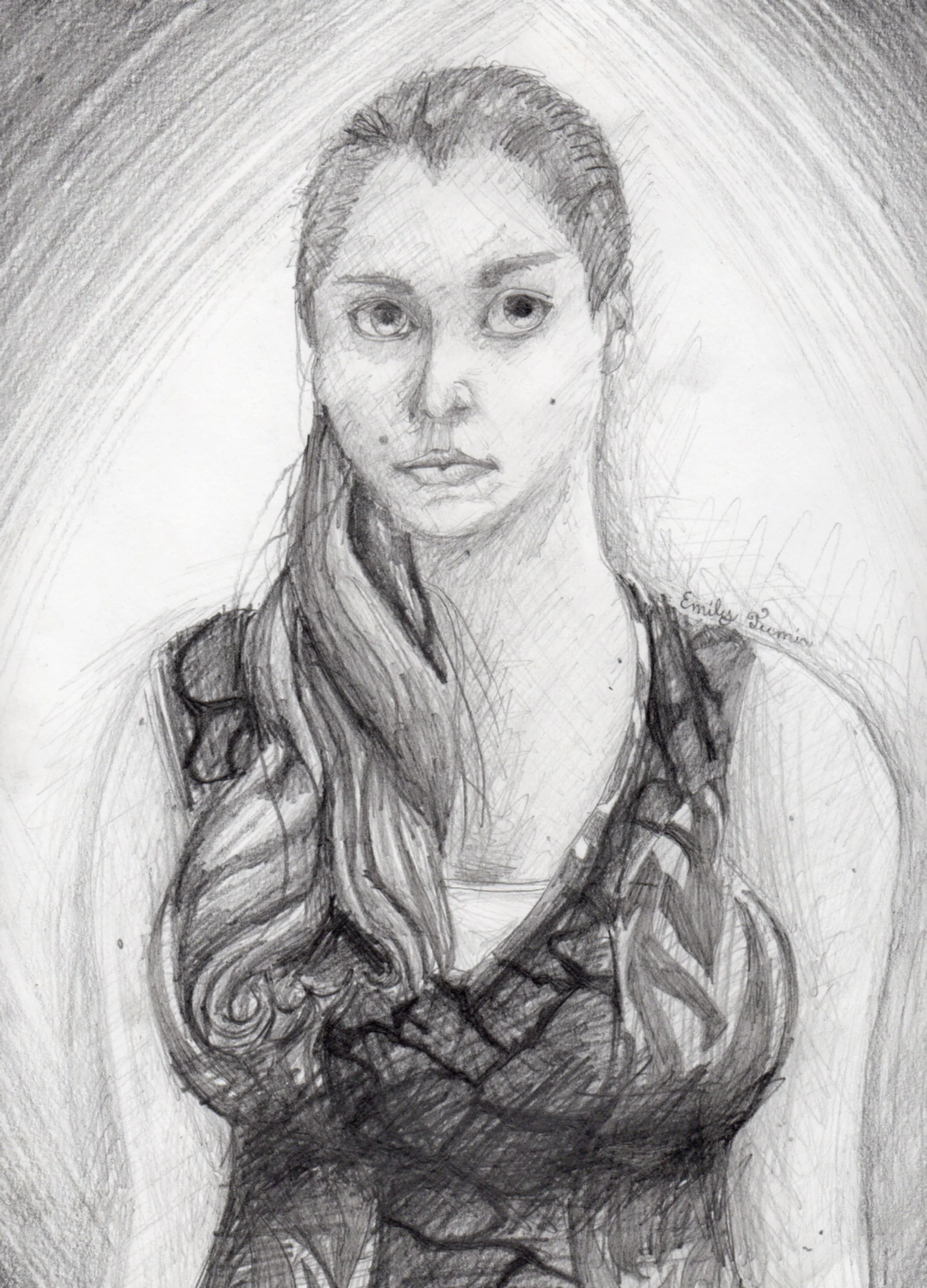 A pencil sketch of a woman with long hair, crossed arms, and a serious expression, signed by Emily Burnham.
