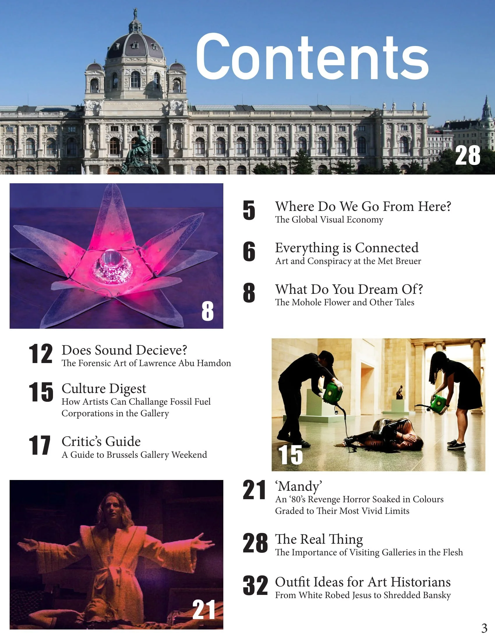 Table of contents page showing a historic building with domes, a sculpture, a pink glass art piece, and a woman in a dress performing on stage.
