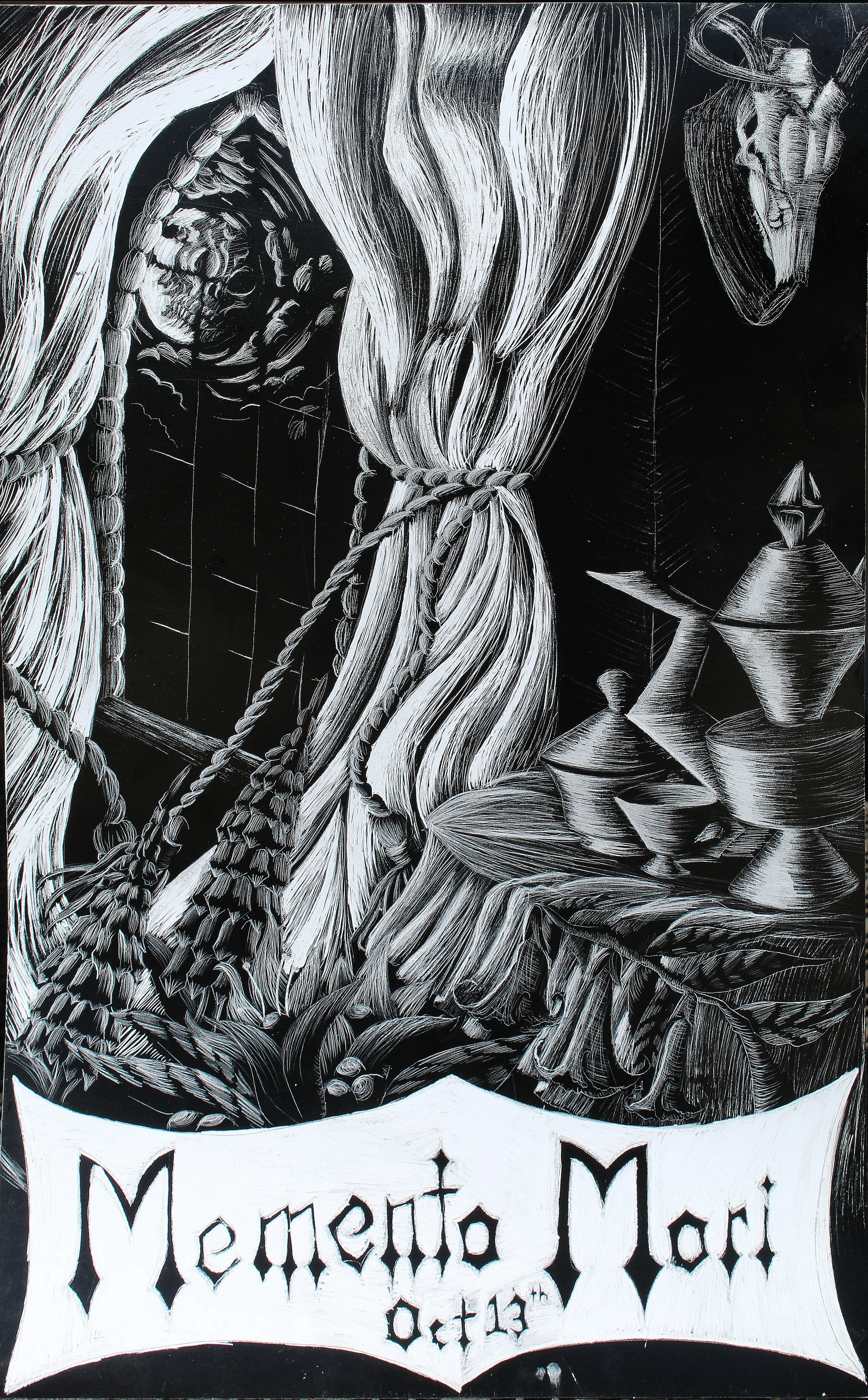 Black and white illustration of a curtain tied back with a braided rope, revealing a window with a cloudy sky, alongside a human skull and geometric shapes, and a banner with the text 'Memento Mori'.
