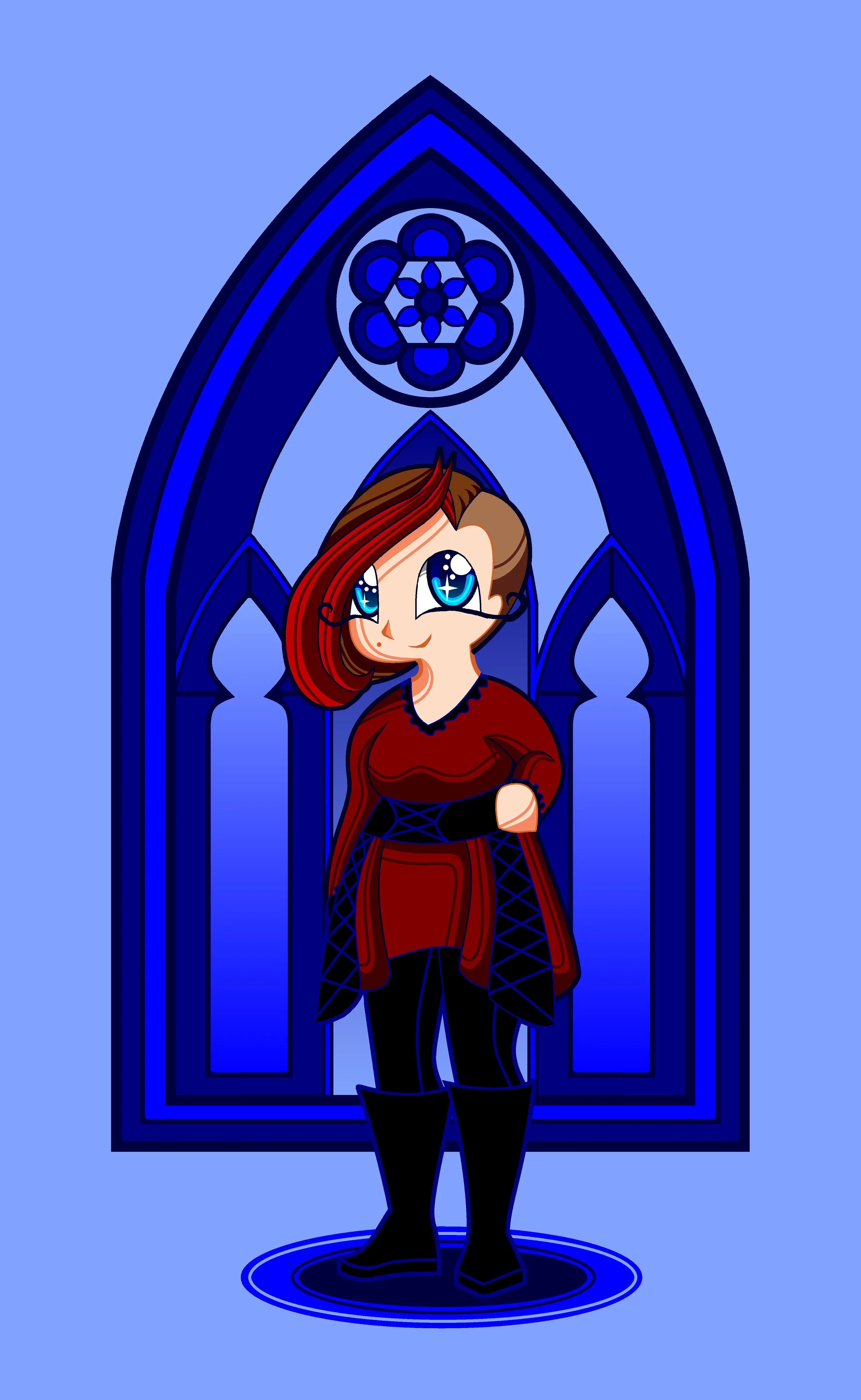 Cartoon girl with large blue eyes, red and brown hair, wearing a red and black dress with a hood, tall black boots, standing in front of a stained glass window with a blue background.