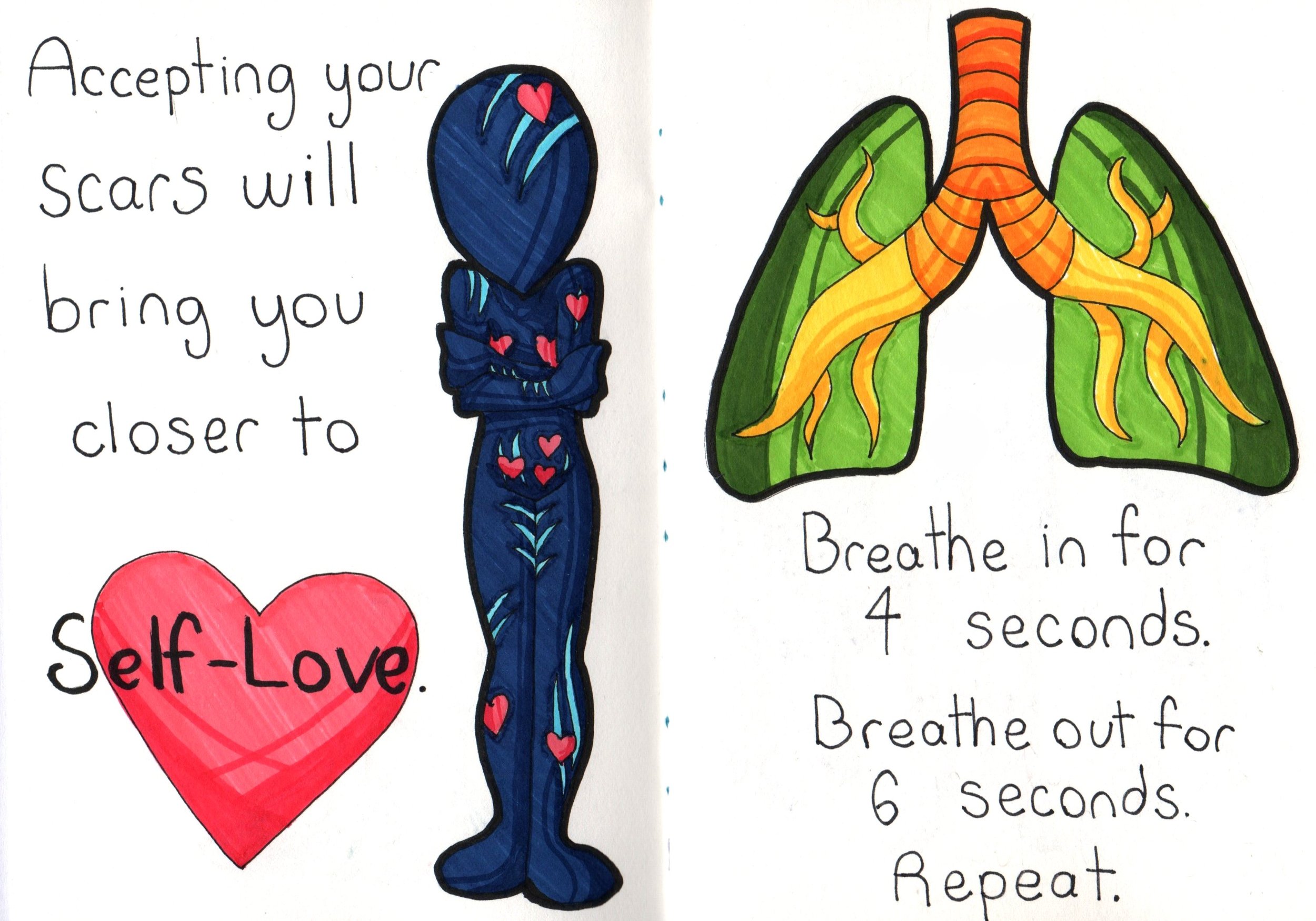 Hand-drawn illustration with motivational text, a blue snake with hearts, and a large red heart with 'self-love' written on it.