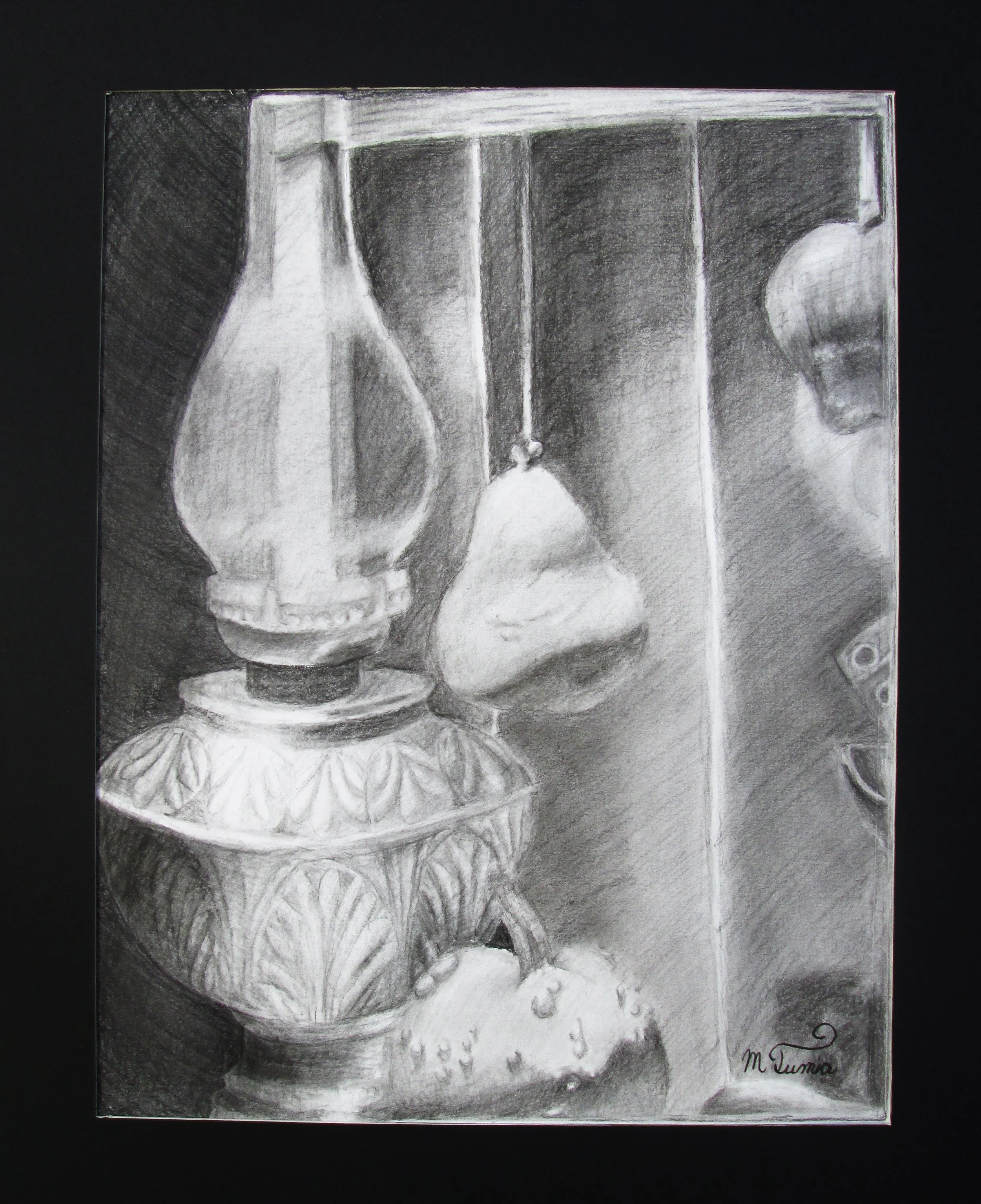 A detailed pencil drawing of various kitchen utensils including a spoon, fork, knife, and a lined soap dispenser or bottle, arranged vertically. The drawing features shading and shadows to give a realistic appearance, with the artist's signature in t