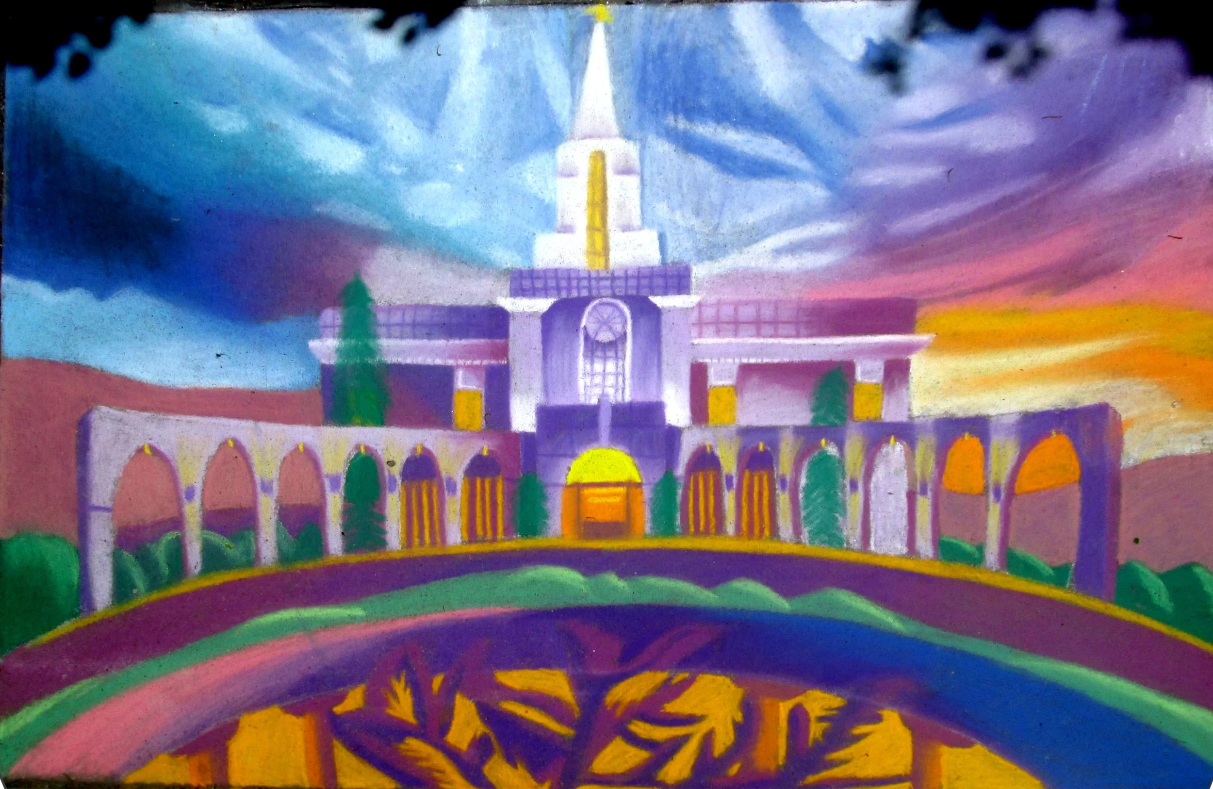Colorful illustration of a castle-like structure with purple, yellow, and white accents. The sky is painted with shades of blue, purple, and orange, suggesting sunrise or sunset. The foreground features green and purple landscape with yellow decorati