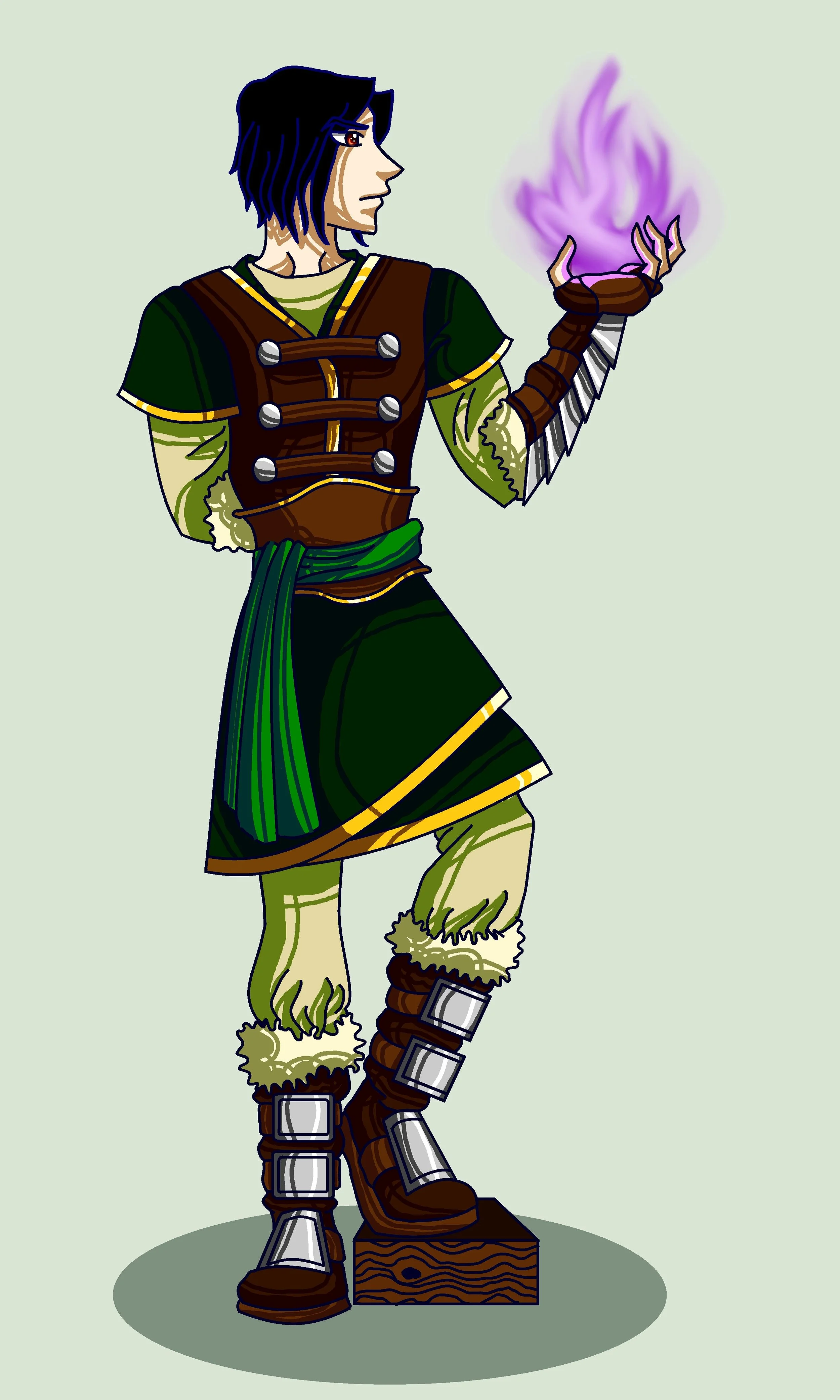 A fantasy illustration of a male elf dressed in green and brown clothing, holding a purple flame in his hand, with a serious expression, standing on a wooden step.