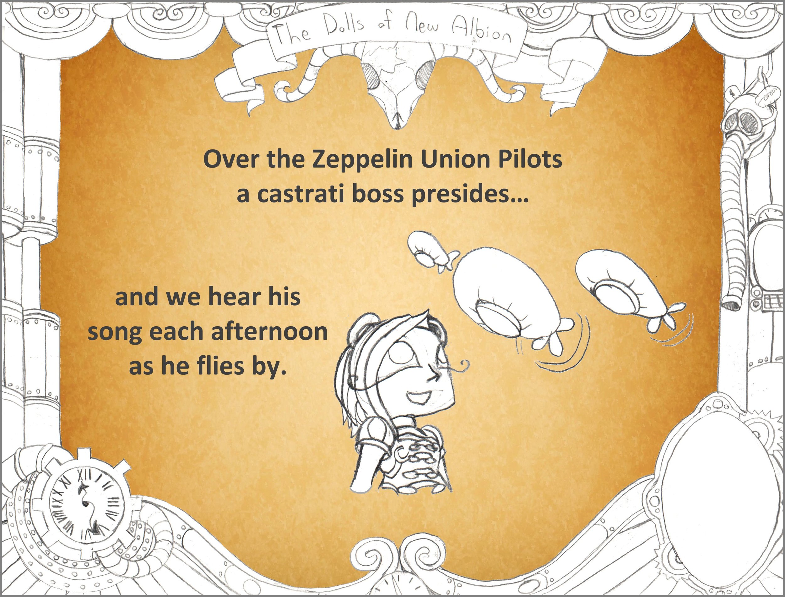 A hand-drawn illustration featuring a stage with a banner that reads "The Dolls of New Albion" and a skeleton with a military hat. There are cartoonish mice, some wearing aviator goggles, flying around and a clock showing approximately 4:00. The scen