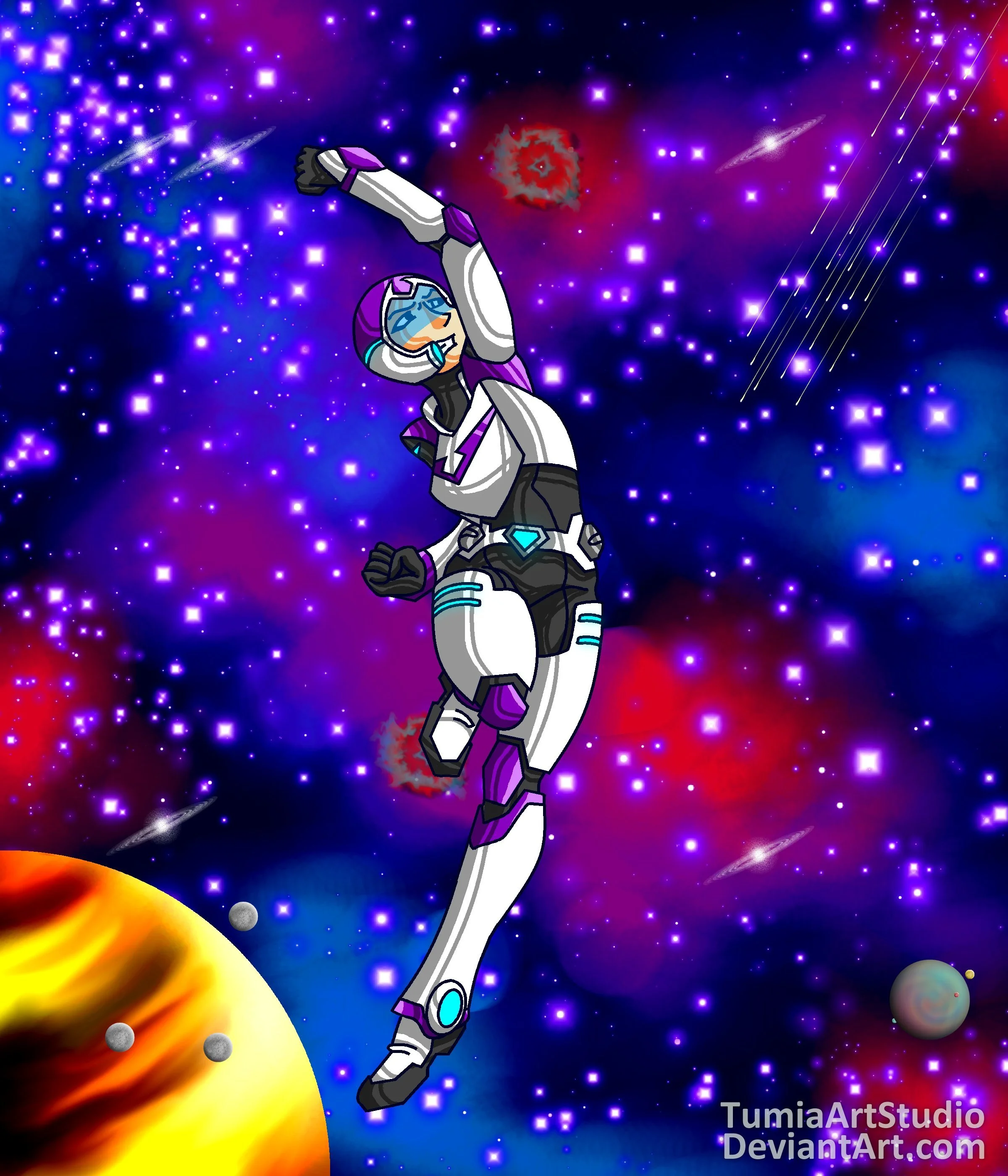 Cartoon character in a futuristic space suit floating in outer space surrounded by stars, planets, and cosmic phenomena with bright colors of purple, red, yellow, and orange.