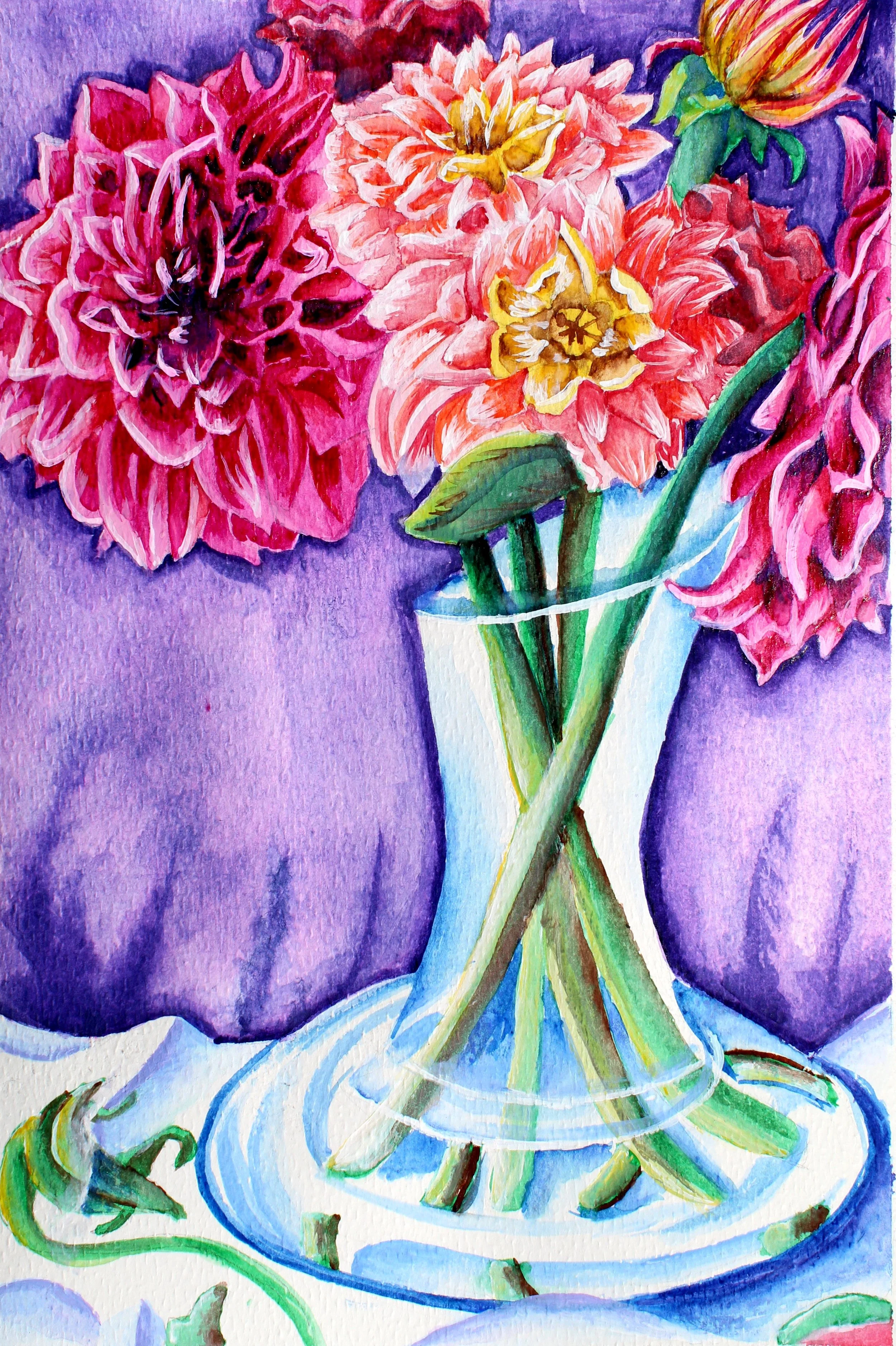 A watercolor painting of a bouquet of large pink, red, and yellow flowers in a glass vase with a purple background.
