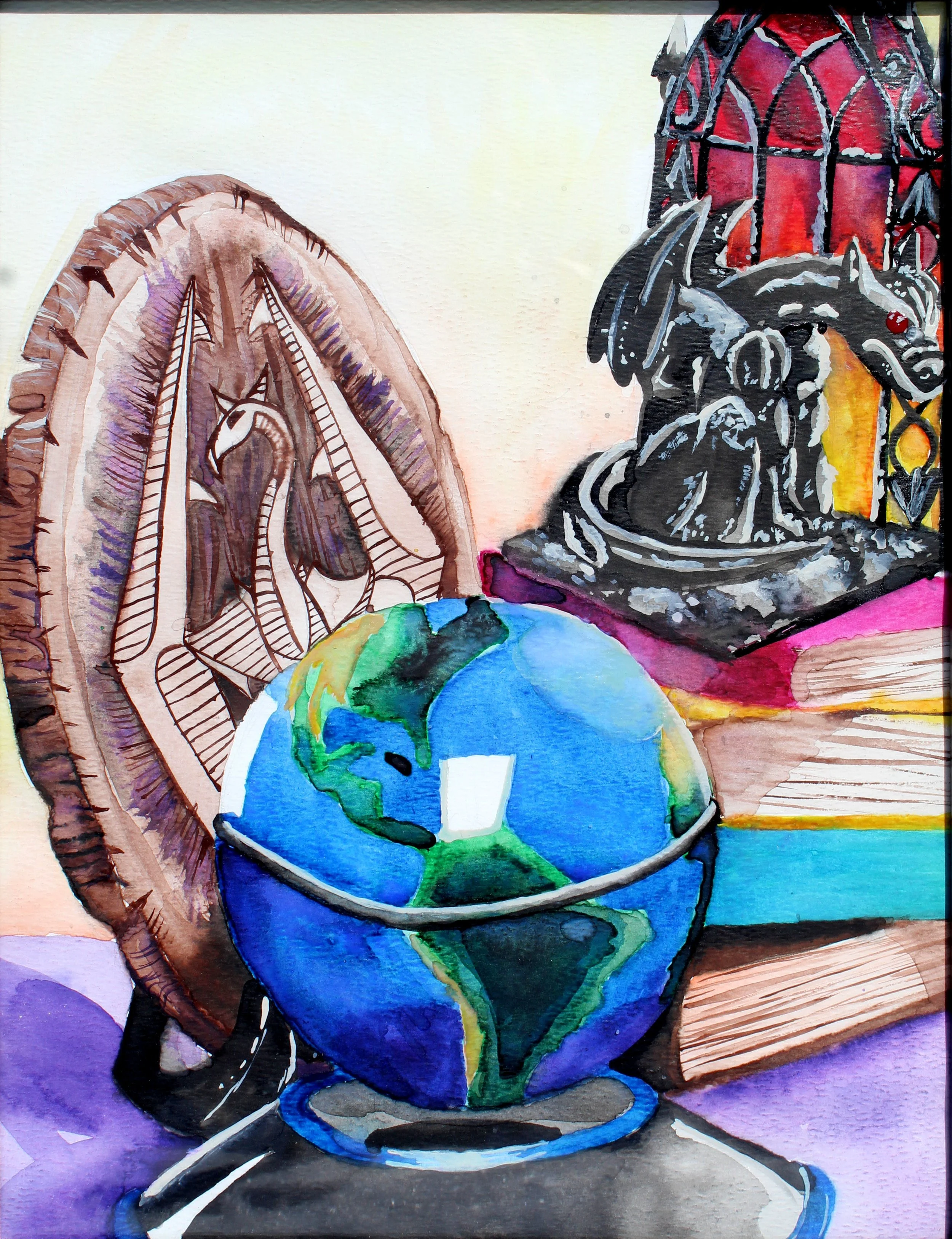 Watercolor painting of a globe with a rainbow-colored rainbow in front of it, placed on a dark surface, with a book and a black-collared figurine wearing a red and black dress in the background.
