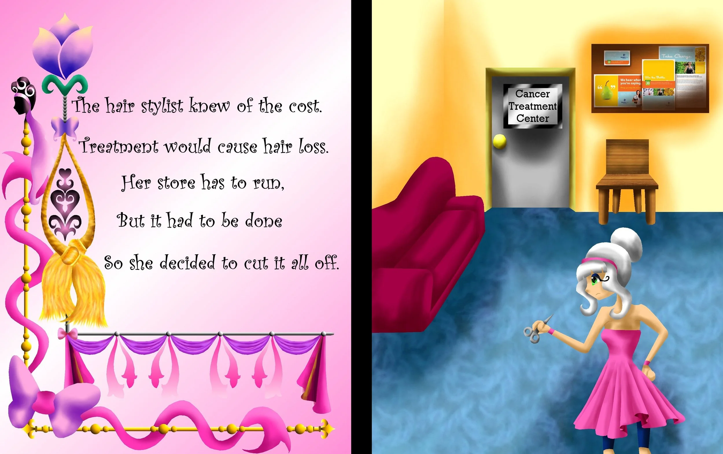 A cartoon-style split image. The left side has a pink background with decorative elements and text about hair styling and treatment costs. The right side shows a room with a yellow wall, a sign reading 'Cancer Treatment Center,' a red sofa, a wooden 