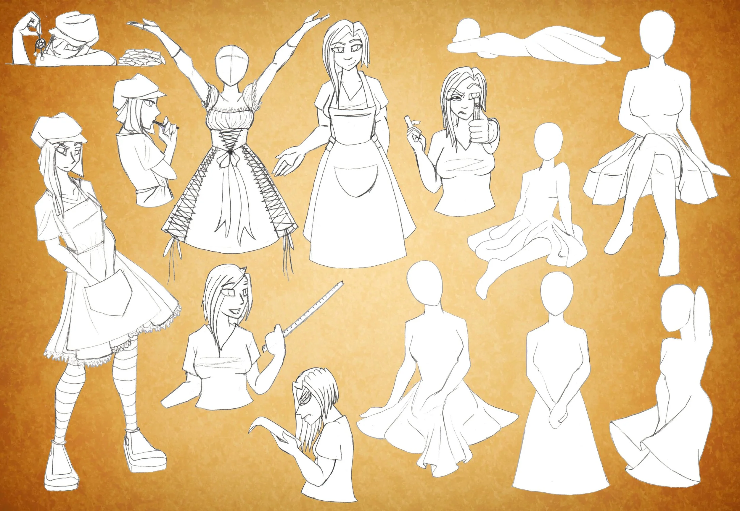 Sketches of various female characters in different outfits and poses on a yellow background, some with accessories and props.