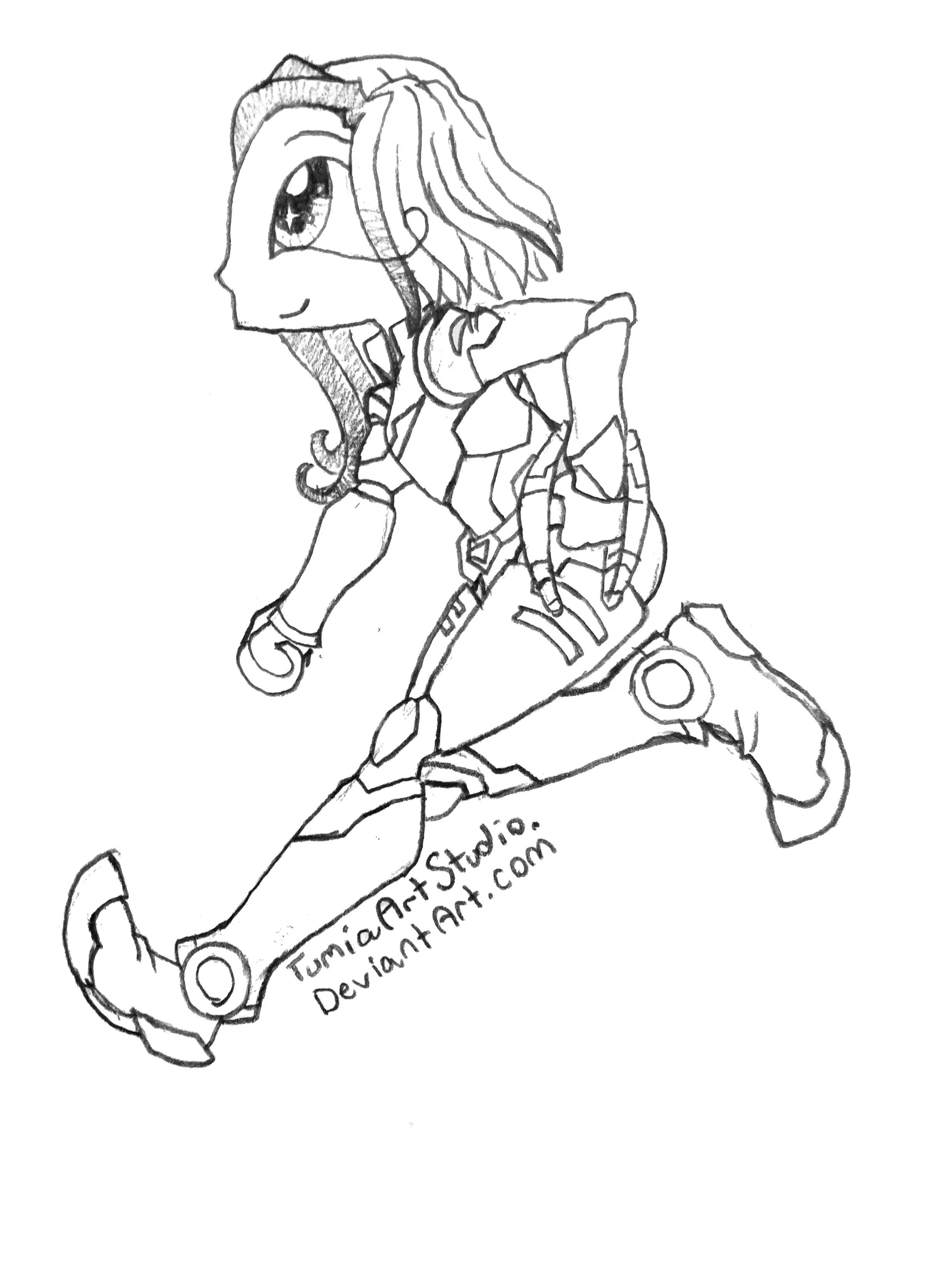 Line drawing of a cute cartoon girl riding a mechanical dinosaur with a long neck and tail. The girl has a large eye, long hair, and is smiling, wearing a shirt and pants. The dinosaur has mechanical details with circular joints, and the text "TuniAr