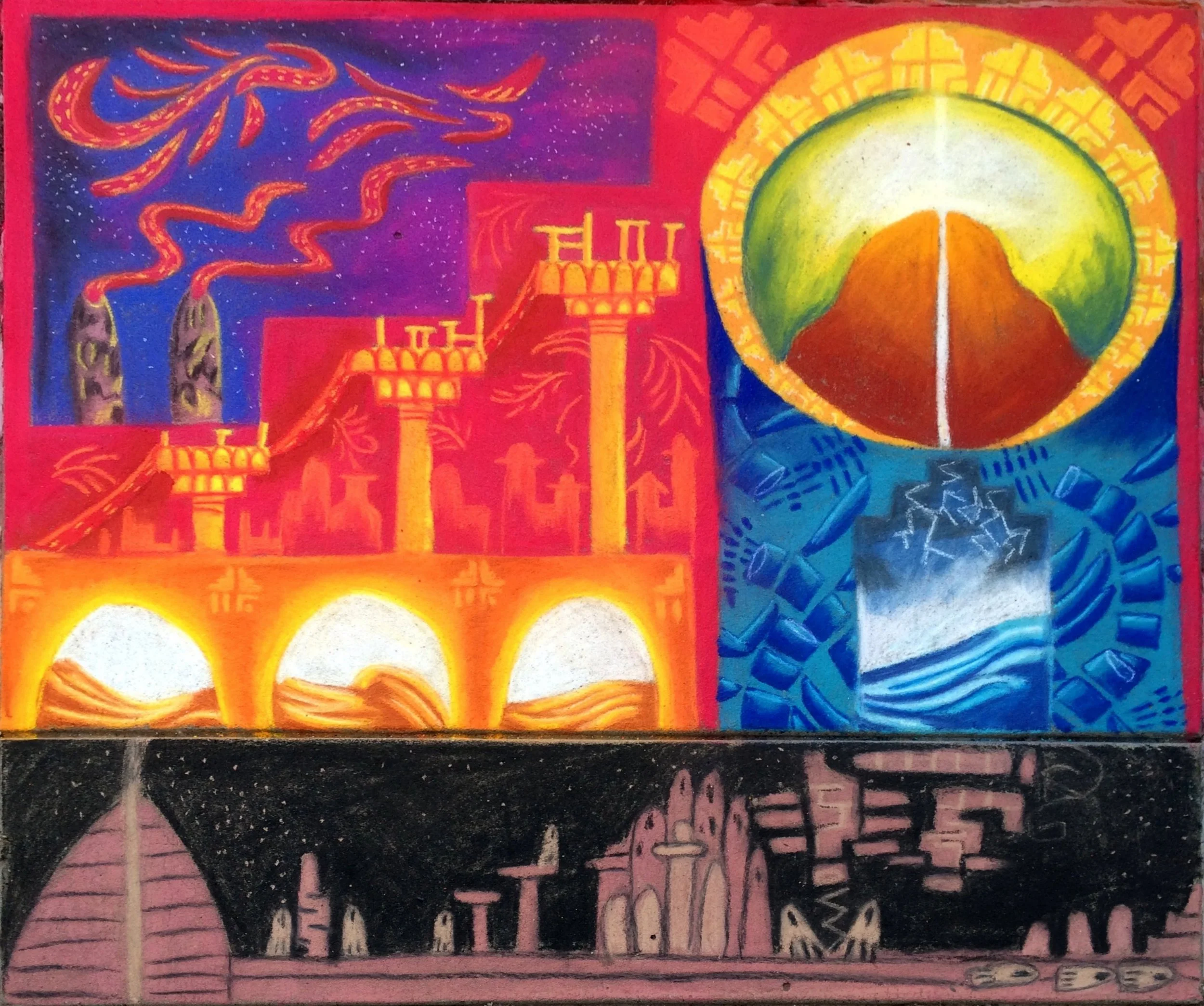 A colorful abstract artwork with a combination of shapes and patterns, including a circle with a mountain-like shape inside, flames with smoke, and brick-like patterns, painted in vibrant colors like red, yellow, blue, orange, and purple.