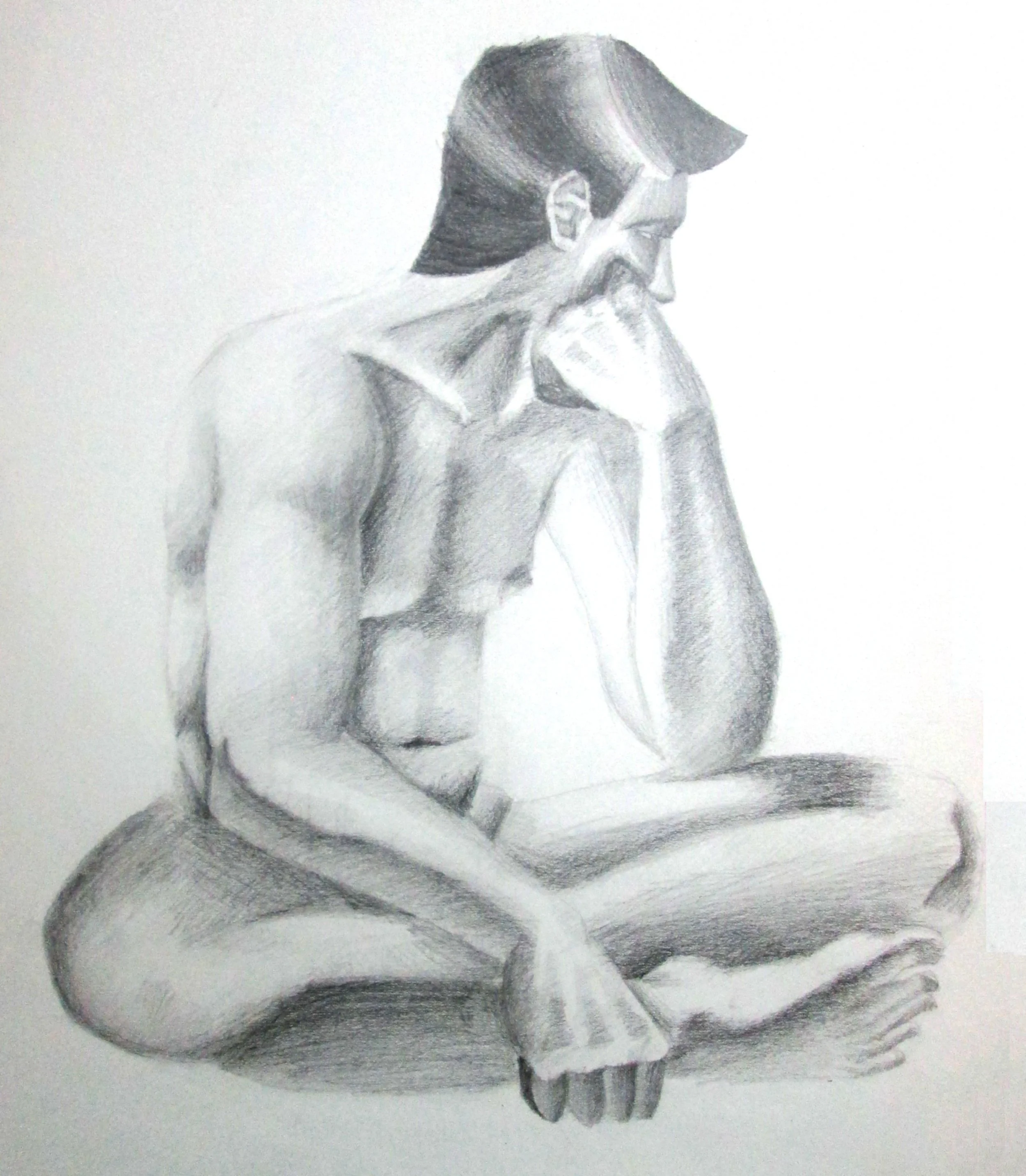 A detailed pencil sketch of a woman with her head lowered and her eyes closed, displaying realistic shading and contouring of her facial features, hair, shoulder, and hand resting on her chest.