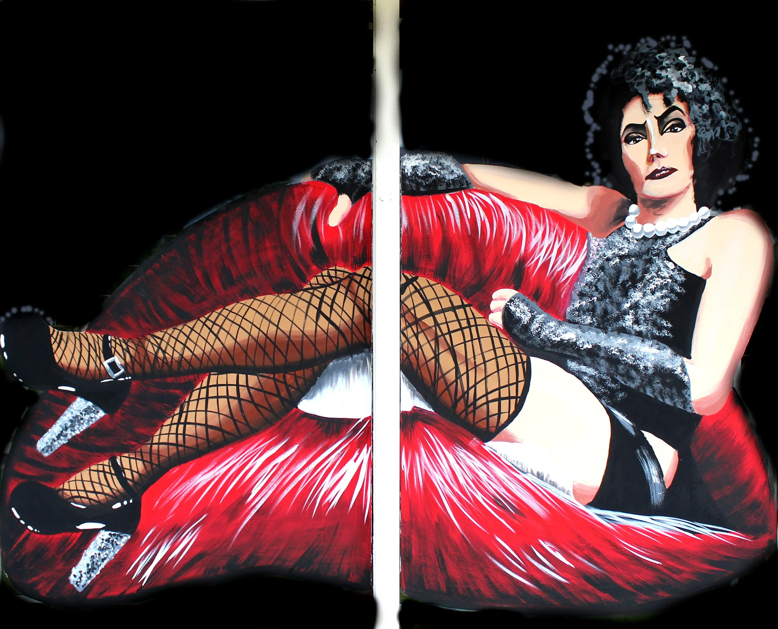 Colorful painting of a woman with dark curly hair, wearing a black and silver dress, with fishnet stockings, posing against a black background.