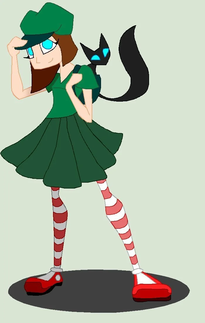 A cartoon girl with brown hair, wearing a green dress, green hat, red and white striped stockings, and red shoes, with a black cat with blue eyes sitting on her shoulder.