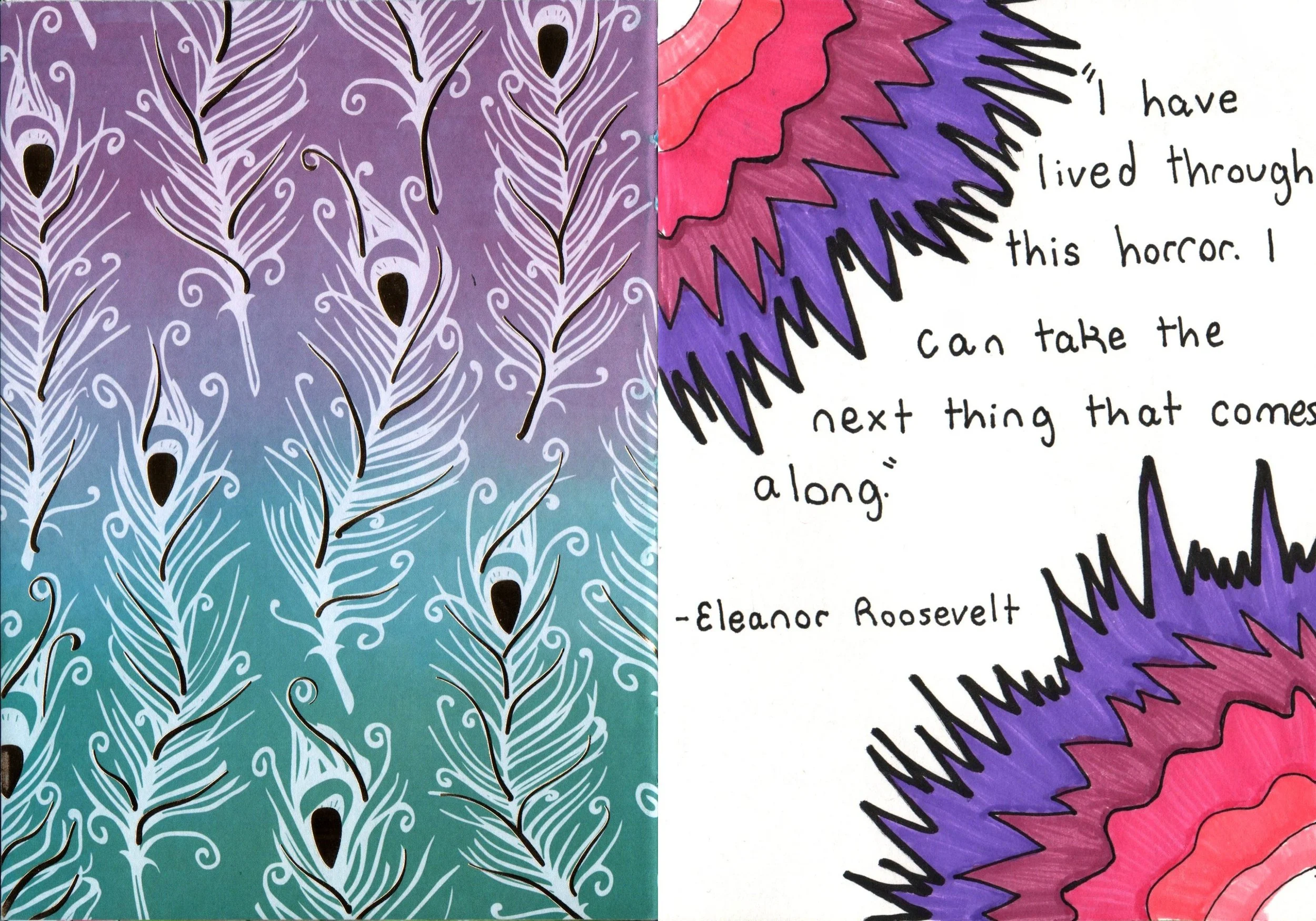 A colorful, decorative background with a quote by Eleanor Roosevelt. The background features a feather-like pattern on one side with shades of purple, blue, and teal, and a section on the other side with sharp, jagged shapes in pink, purple, and blac