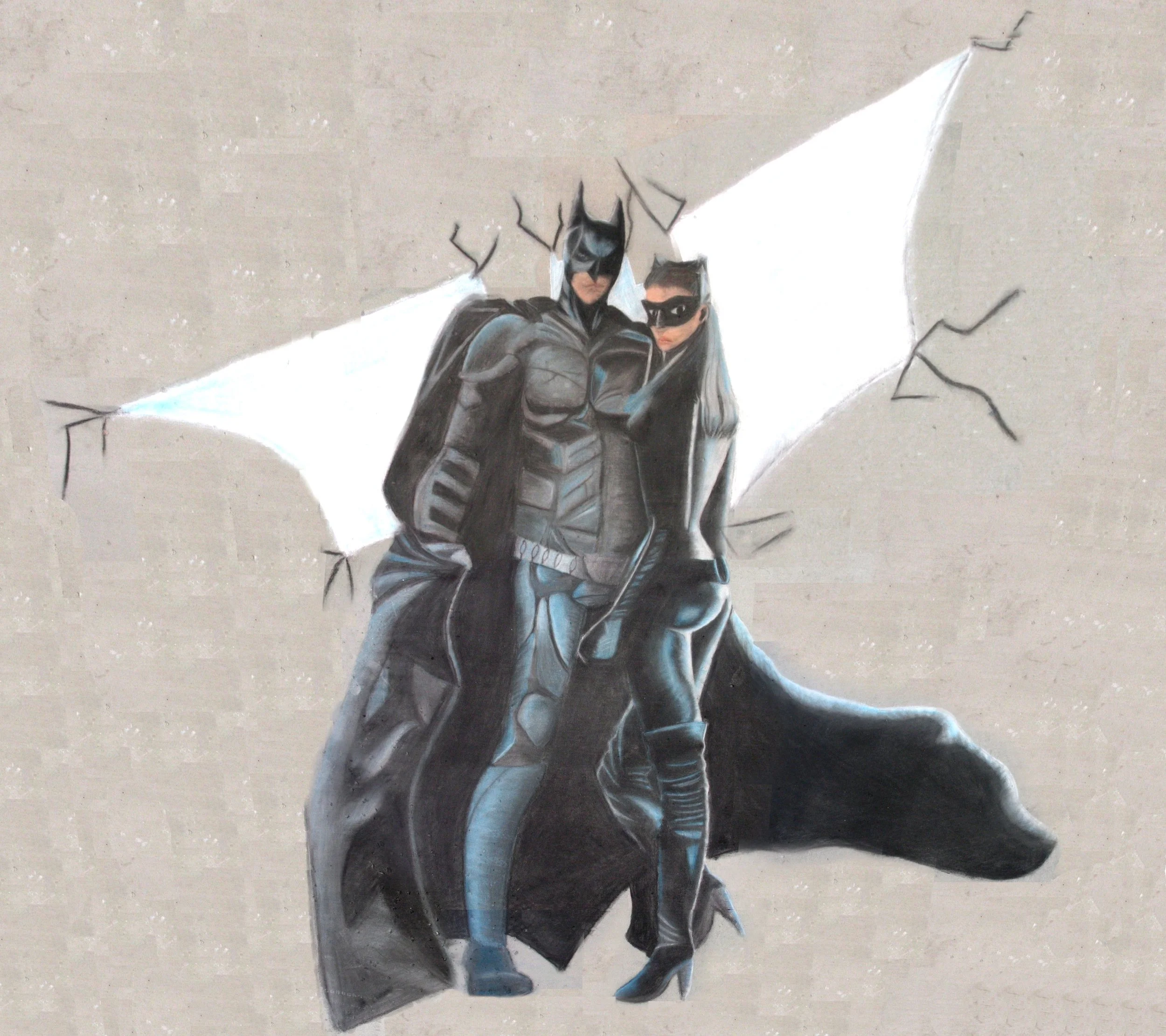 Graffiti art of Batman and Robin on a wall.