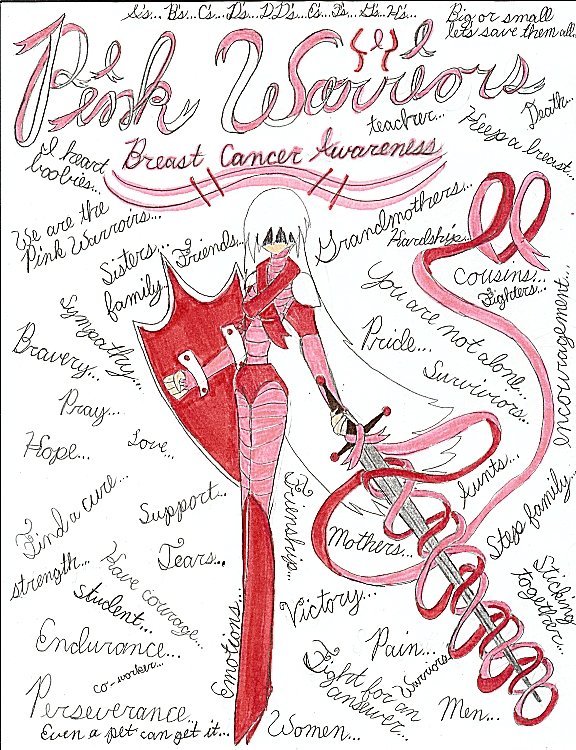 Illustration of a girl with short hair, wearing a red and pink outfit, holding a shield and a sword. Surrounding her are handwritten words and phrases related to breast cancer awareness, such as 'Pink Warriors', 'Breast Cancer Awareness', and 'Suppor