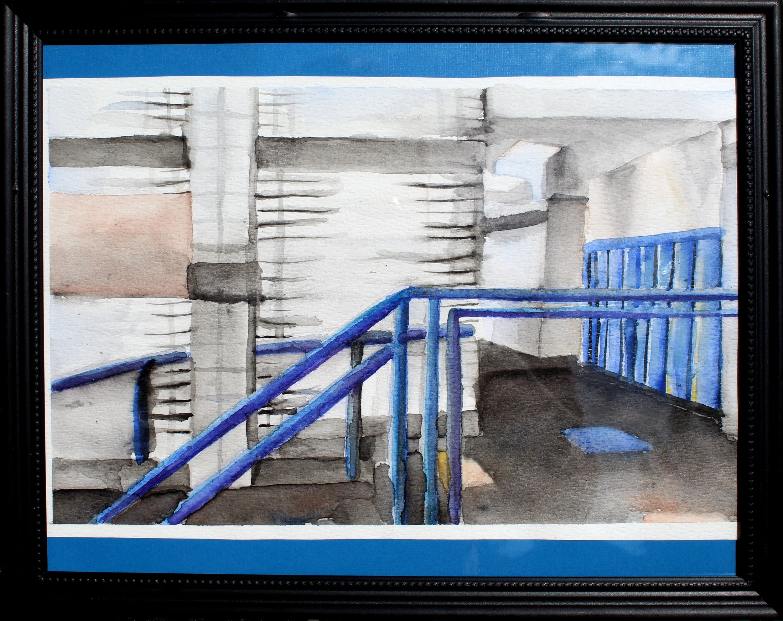 Watercolor painting of stairs and building exterior with a blue railing, set against a a bright blue sky.