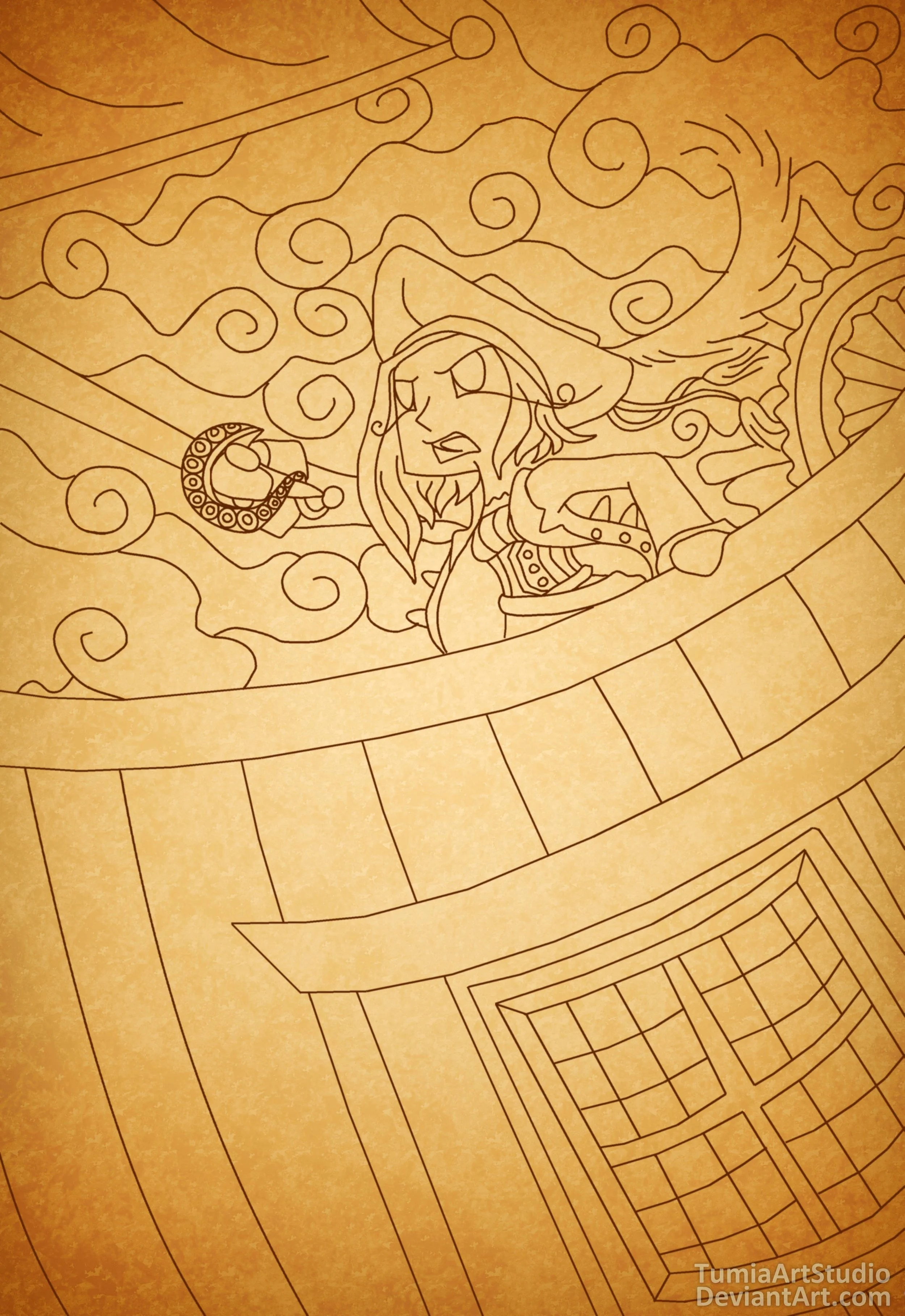 A line drawing of a pirate scene on a ship with clouds, a pirate girl wearing a hat, holding a sword, and a ship's wheel in the background.