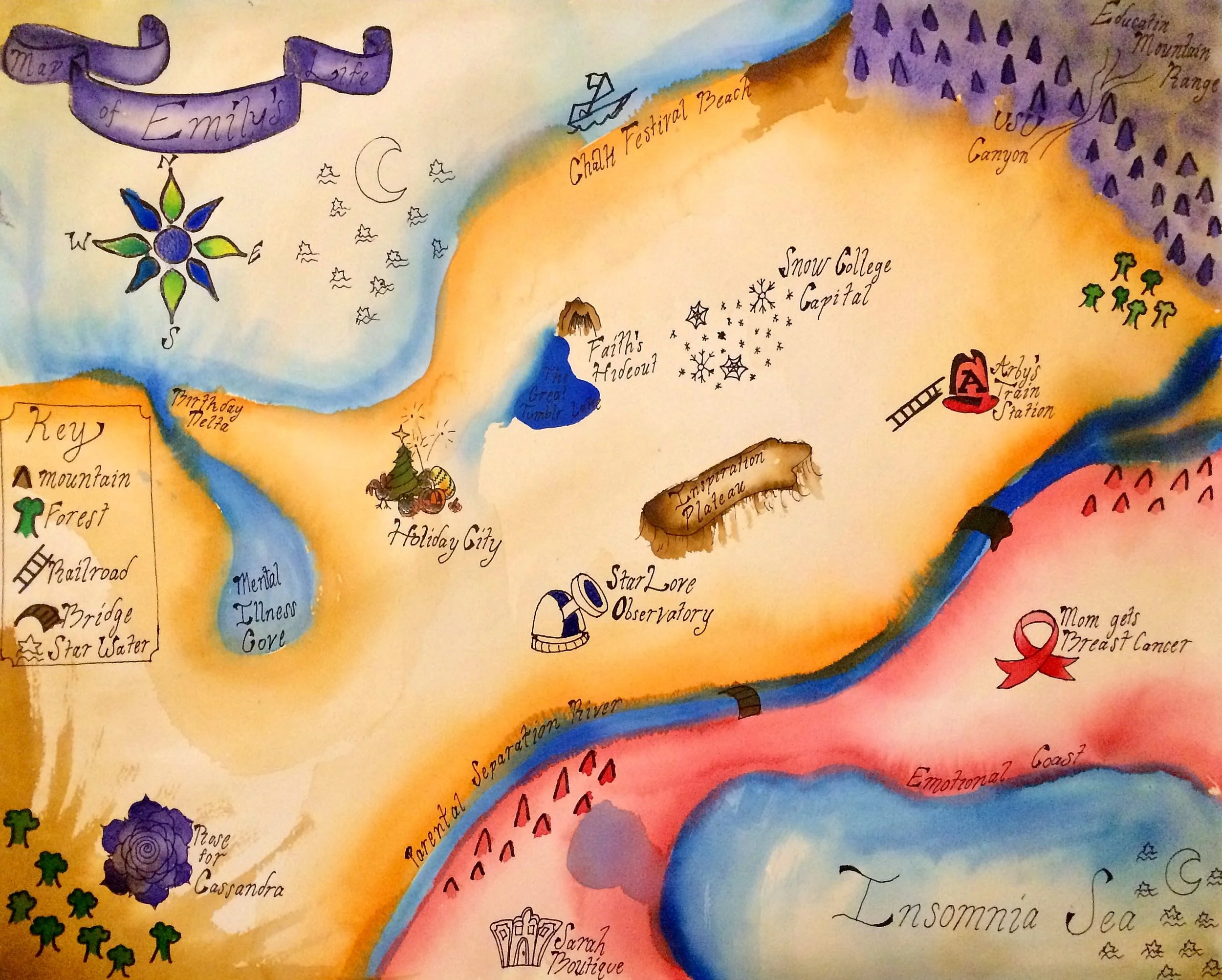 A colorful illustrated map showing various landmarks and locations with handwritten labels, including a mountain, forest, bridge, Star Water, holiday city, Great Lumber Lake, faith's hideout, star lore observatory, cultural celebration area, canyon, 