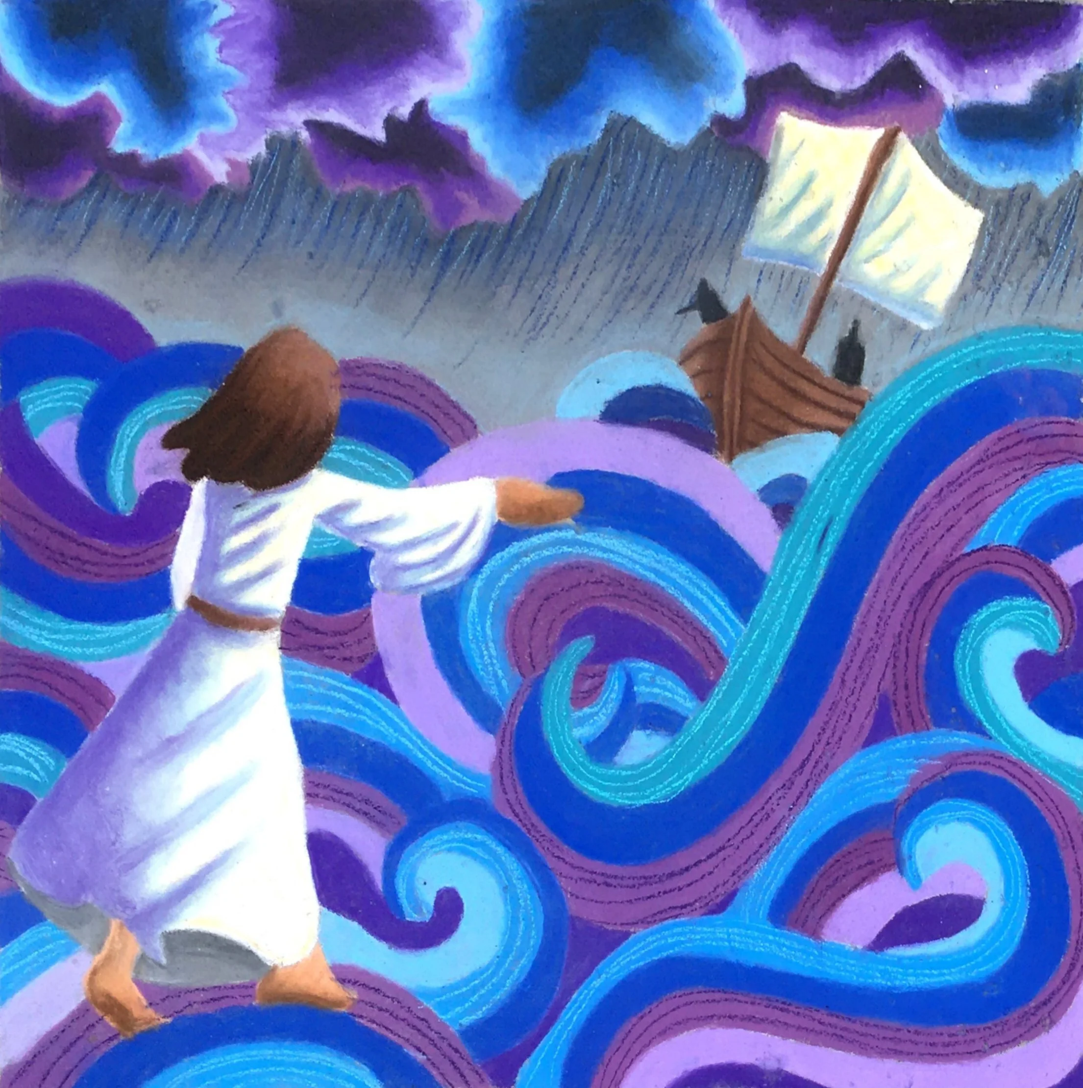 A colorful artwork featuring a tangled brown raft or boat with a white flag and black bottles on it, set against vibrant swirling purple, blue, and teal backgrounds, with dark mountains and a starry sky in the distance.