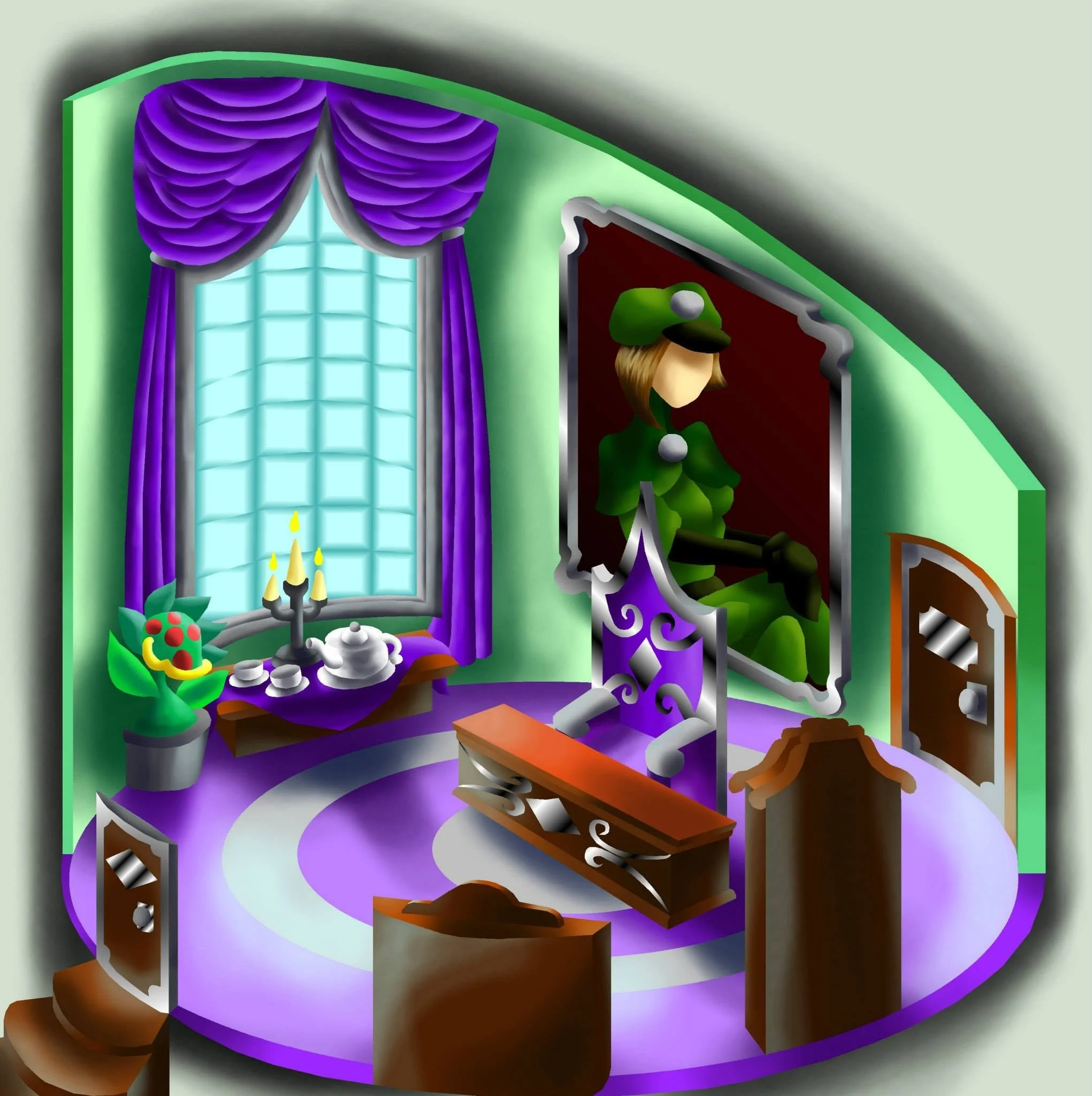 A colorful, stylized illustration of a room with purple curtains, a blue window, green walls, and a Christmas tree, with various furniture and decorative elements.