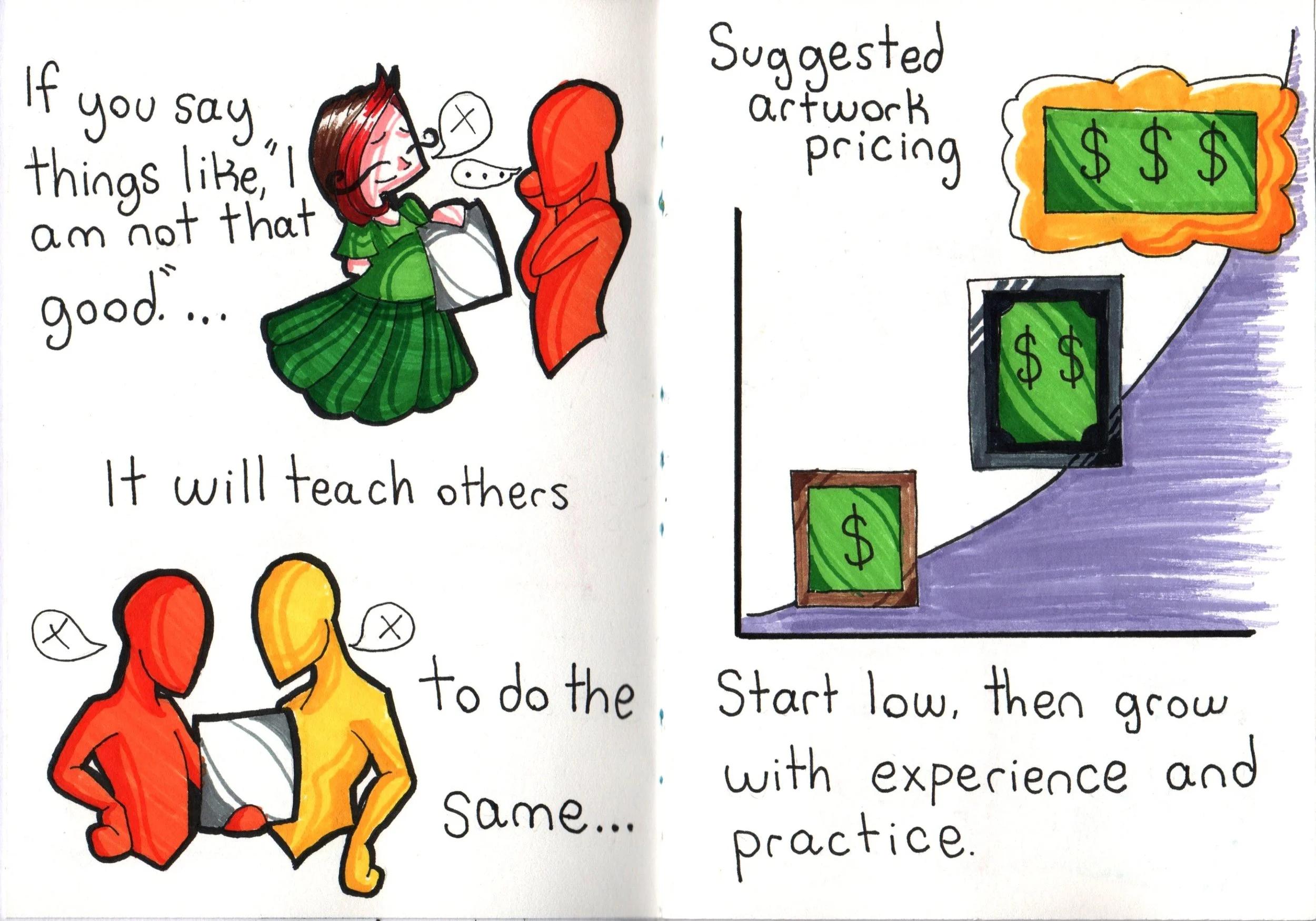 A colorful illustration in a comic style showing two women in conversation. One woman with brown hair and wearing a green plaid dress is speaking to a woman with red hair and an orange outfit. There are various speech bubbles and a comic-style though