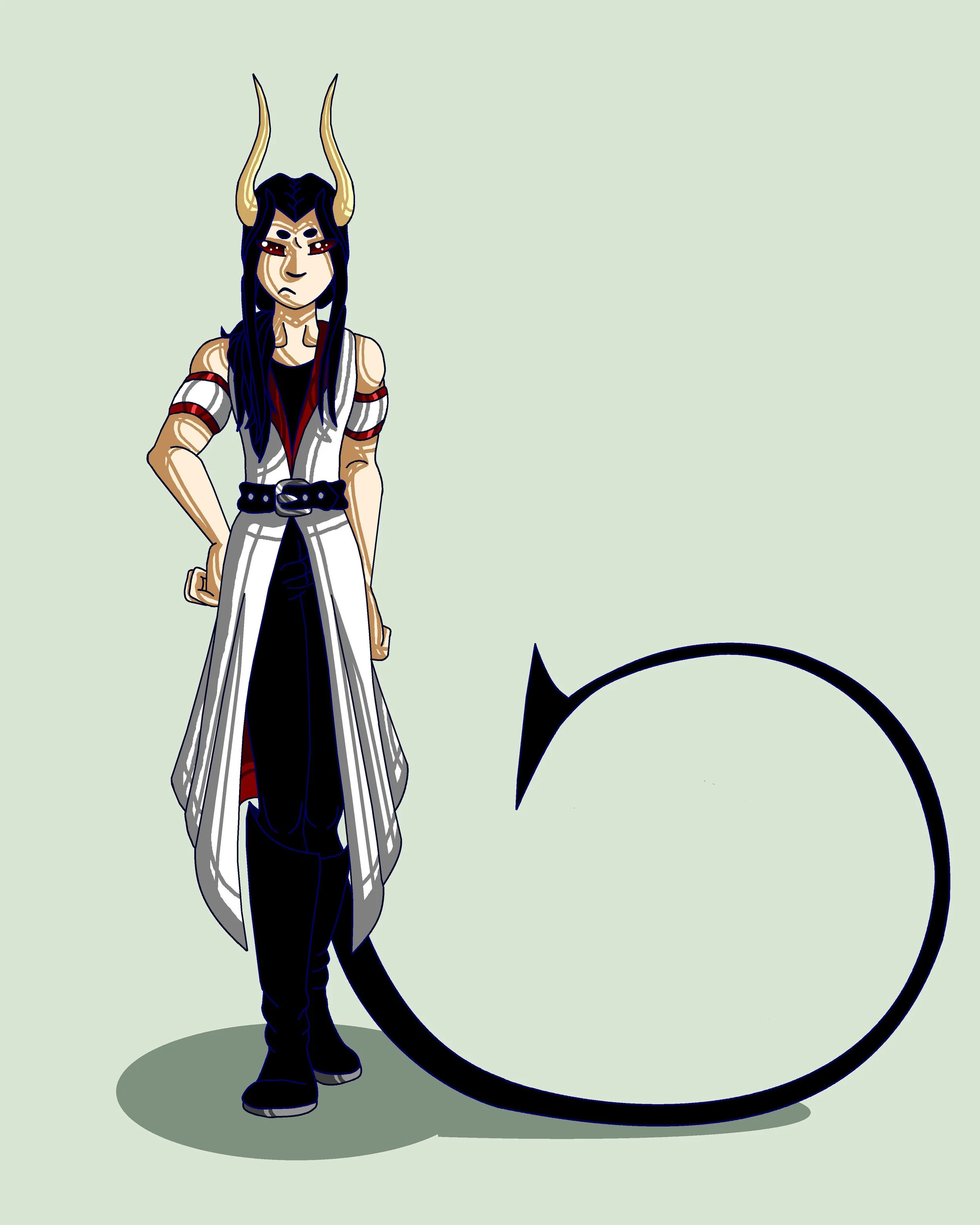 Illustration of a humanoid figure with dark blue hair, light skin with tribal-like markings, wearing a white sleeveless coat with red accents, dark pants, and black shoes, standing with hands on hips and a serious expression, with a large black circl