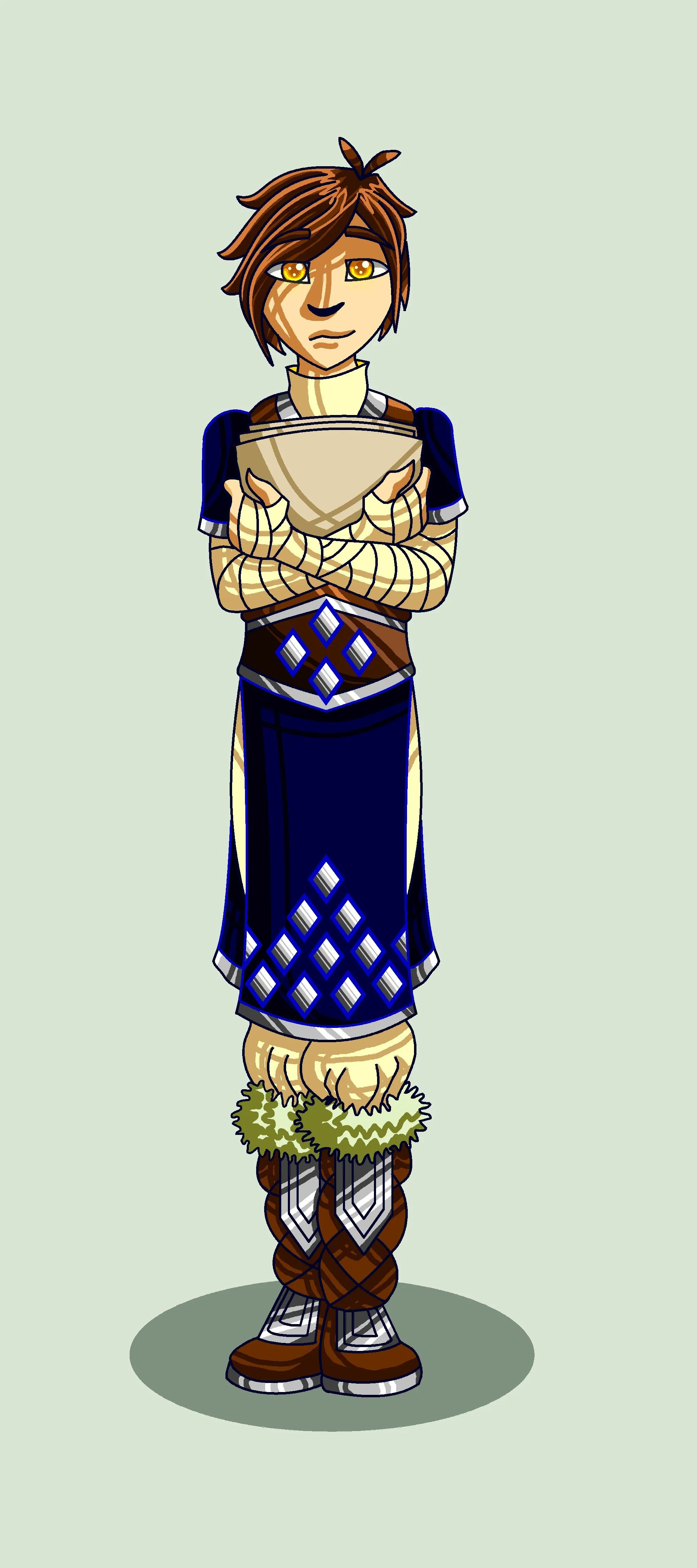 Character with short brown hair and yellow eyes, dressed in a blue and beige fantasy-style outfit with armor details, standing on a grassy patch.