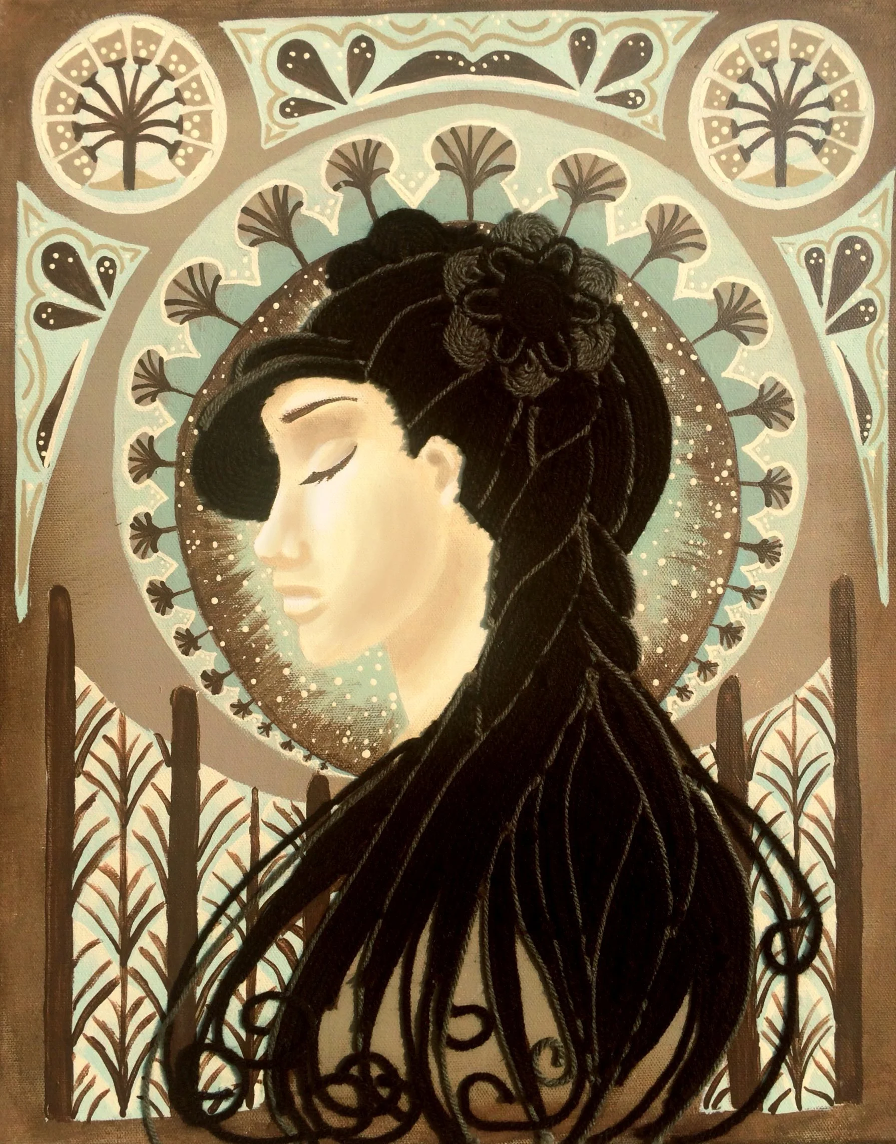 Illustration of a woman's face in profile with closed eyes, surrounded by stylized trees and patterns in earth tones and soft colors.