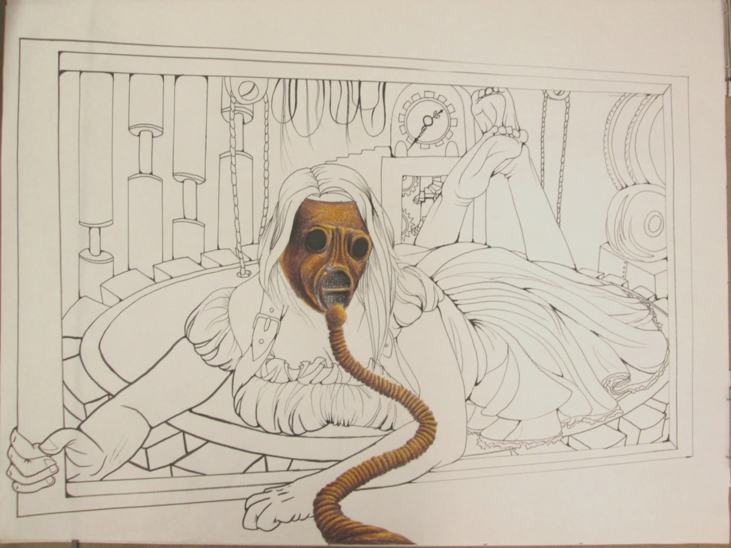 Line drawing of a person lying in bed holding their head, wearing a mask with goggles. The background features mechanical and industrial elements, such as gears, pipes, chains, and a large clock.