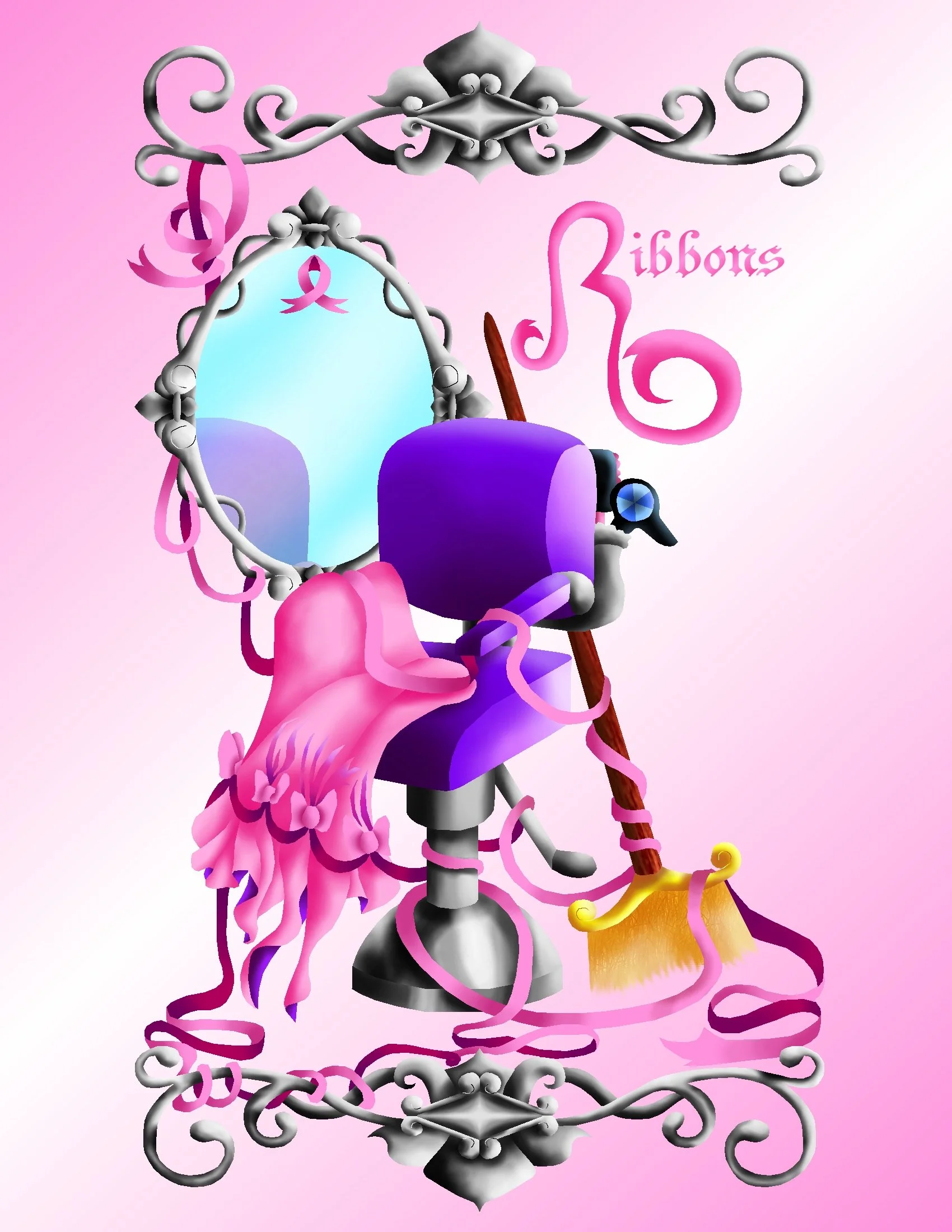 Decorative illustration featuring a silver mirror, pink ribbons, pink and purple flowers, a purple gift box, a yellow gift bag, and a swirl design, on a pink and light background with the word 'Libbons' in pink stylized text.
