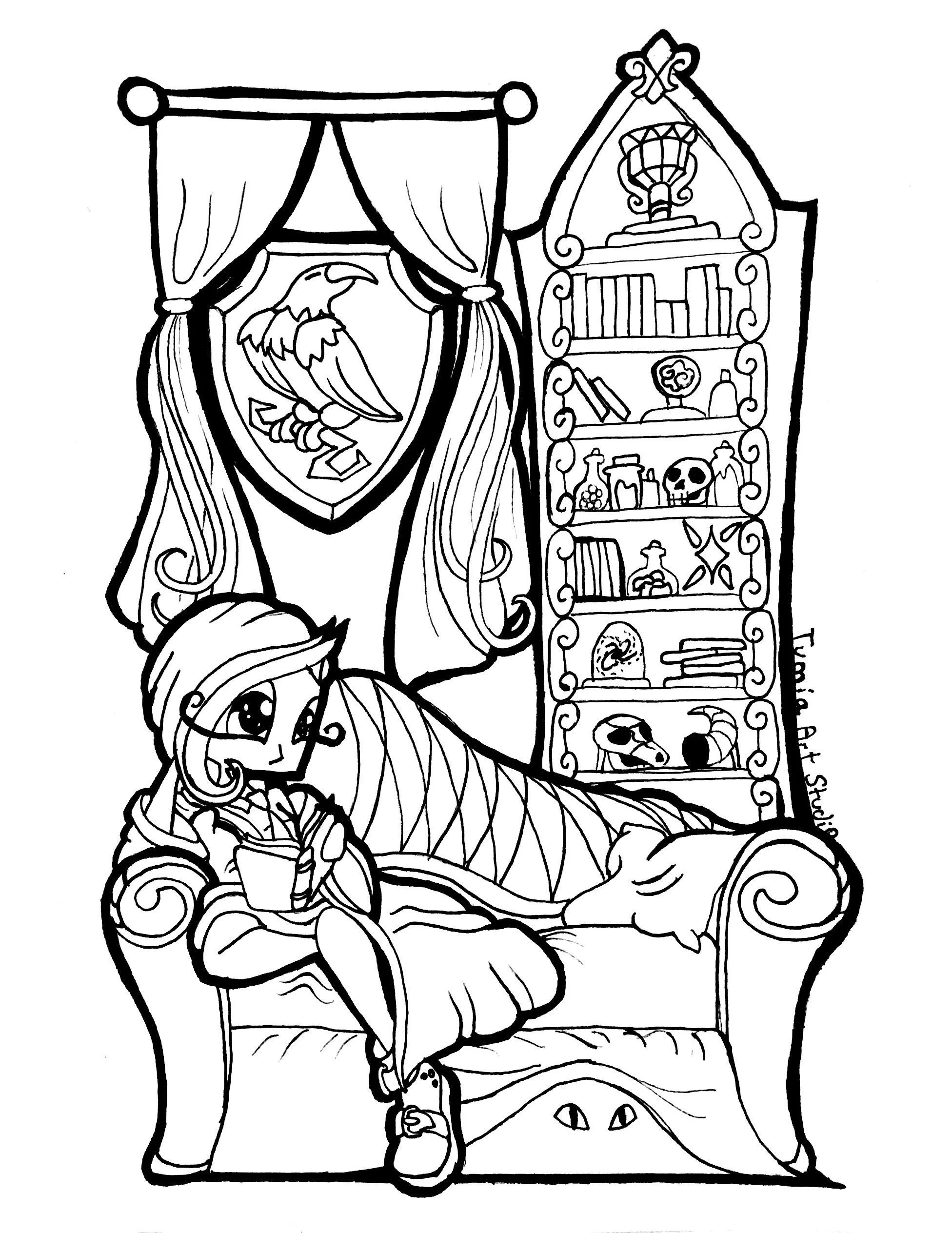 Black and white line drawing of a person sitting in a chair with a small child on their lap. The person is dressed in a cloak with a shield featuring a bird emblem on it and is sitting in front of a tall bookshelf filled with books and decorative obj