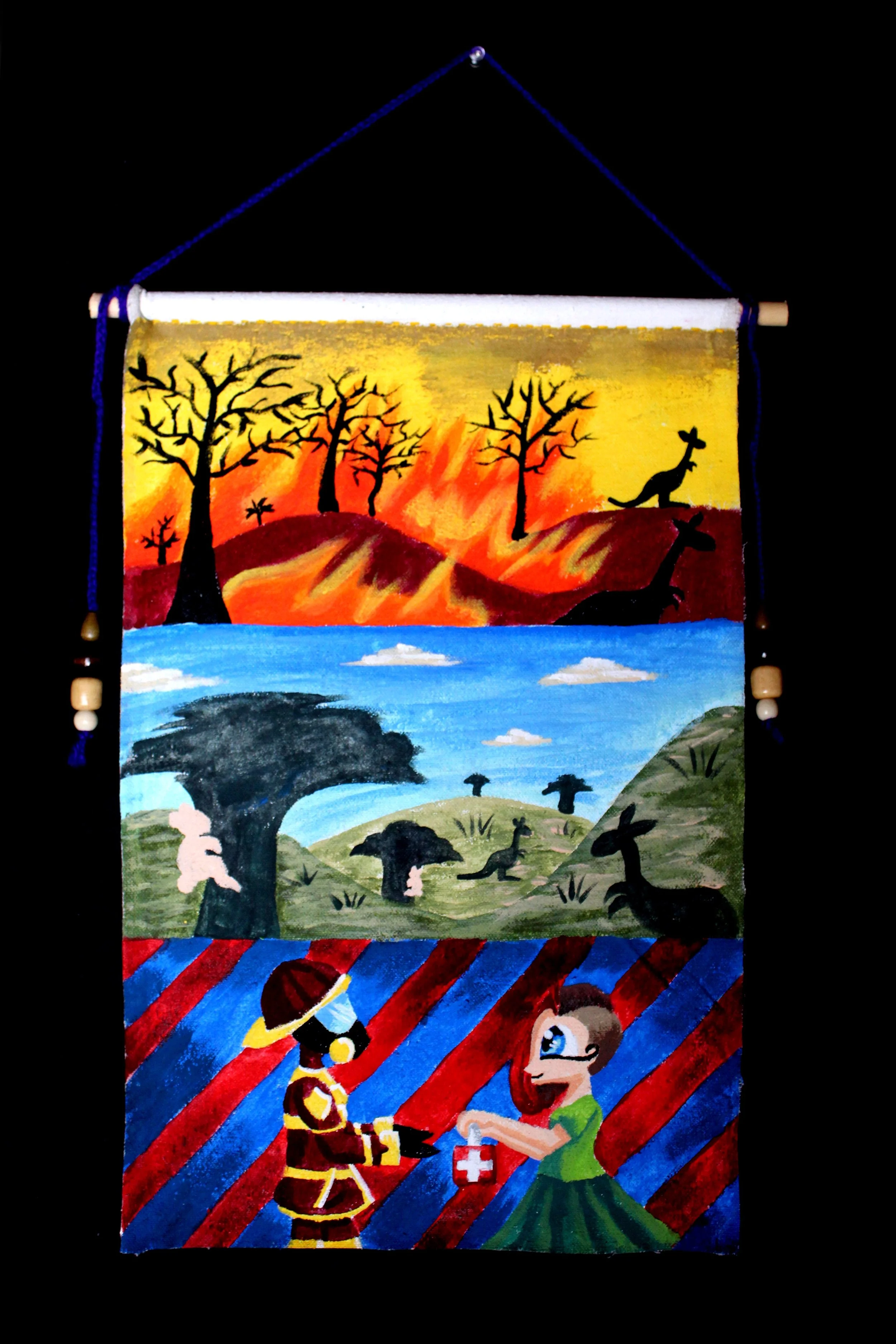 A colorful painting depicting a landscape divided into three scenes: a fiery forest fire with leafless trees, a calm lake with green hills, and a red and blue striped floor with characters from a cartoon, including a girl and a small animal, exchangi