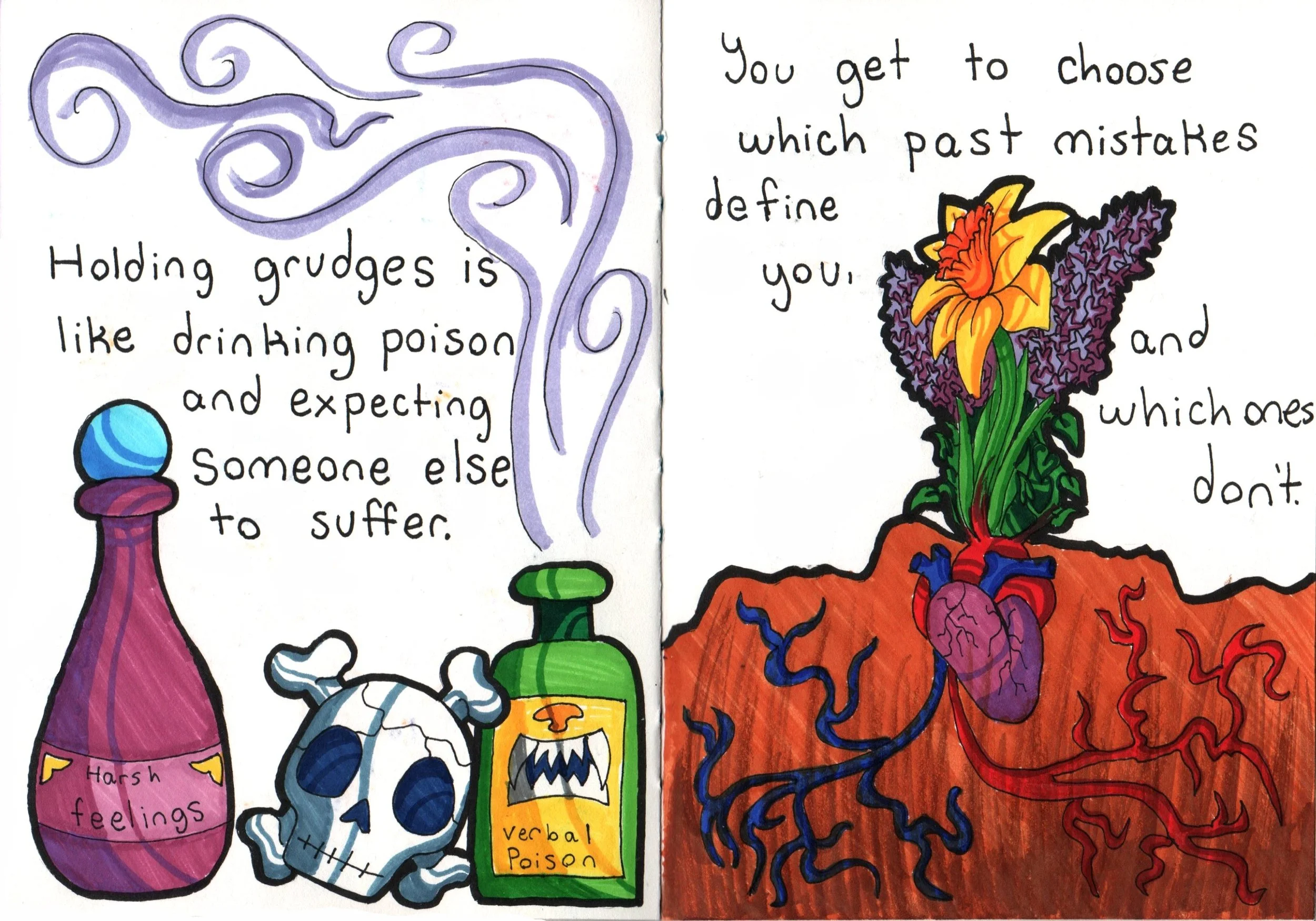 Colorful hand-drawn illustration with text on two pages. The left page shows a purple potion bottle labeled 'Harsh feelings', a skull with blue eyes and a white mouth, a green vial labeled 'Viral Poison', and purple and pink shelves with potion bottl