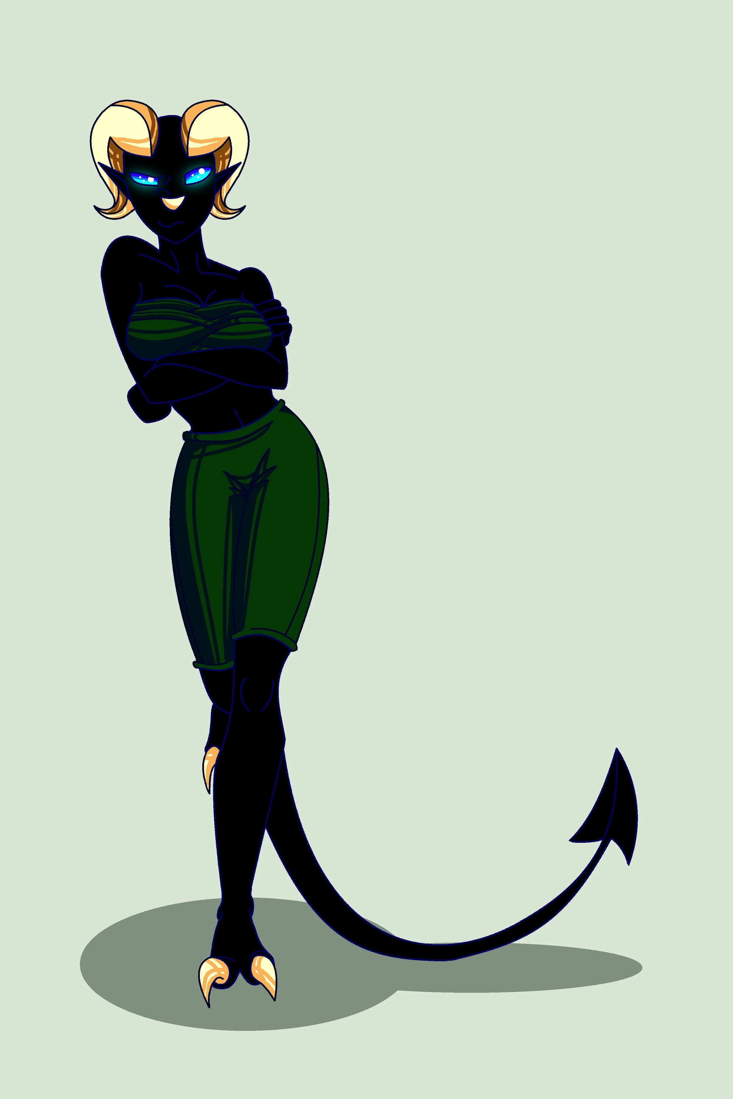 A humanoid dragon character with a dark body, blonde hair, blue eyes, green striped shirt, green pants, and a tail, standing against a pale background.