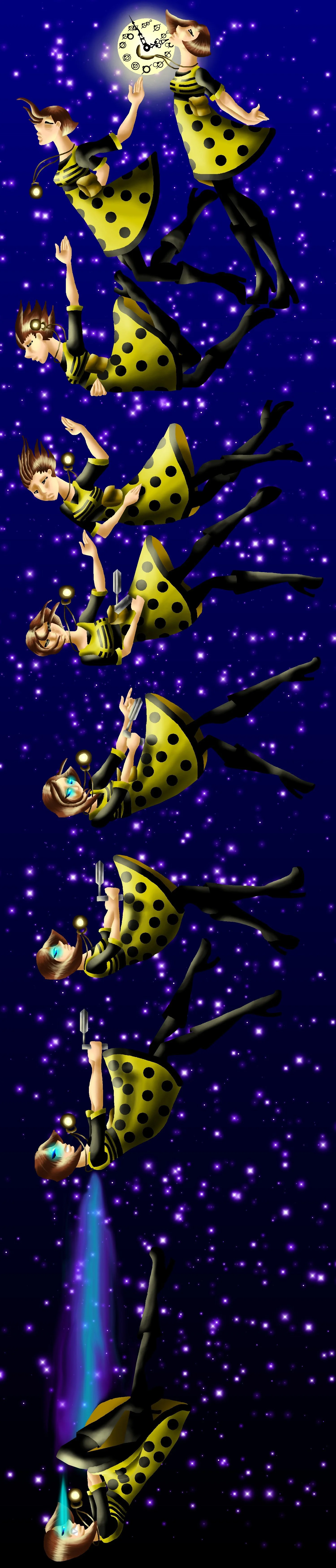 Cartoon girl with brown hair and yellow polka-dot dress floating in space among stars, holding a toy knife and a glowing blue-green beam, with clock and moon in the background.
