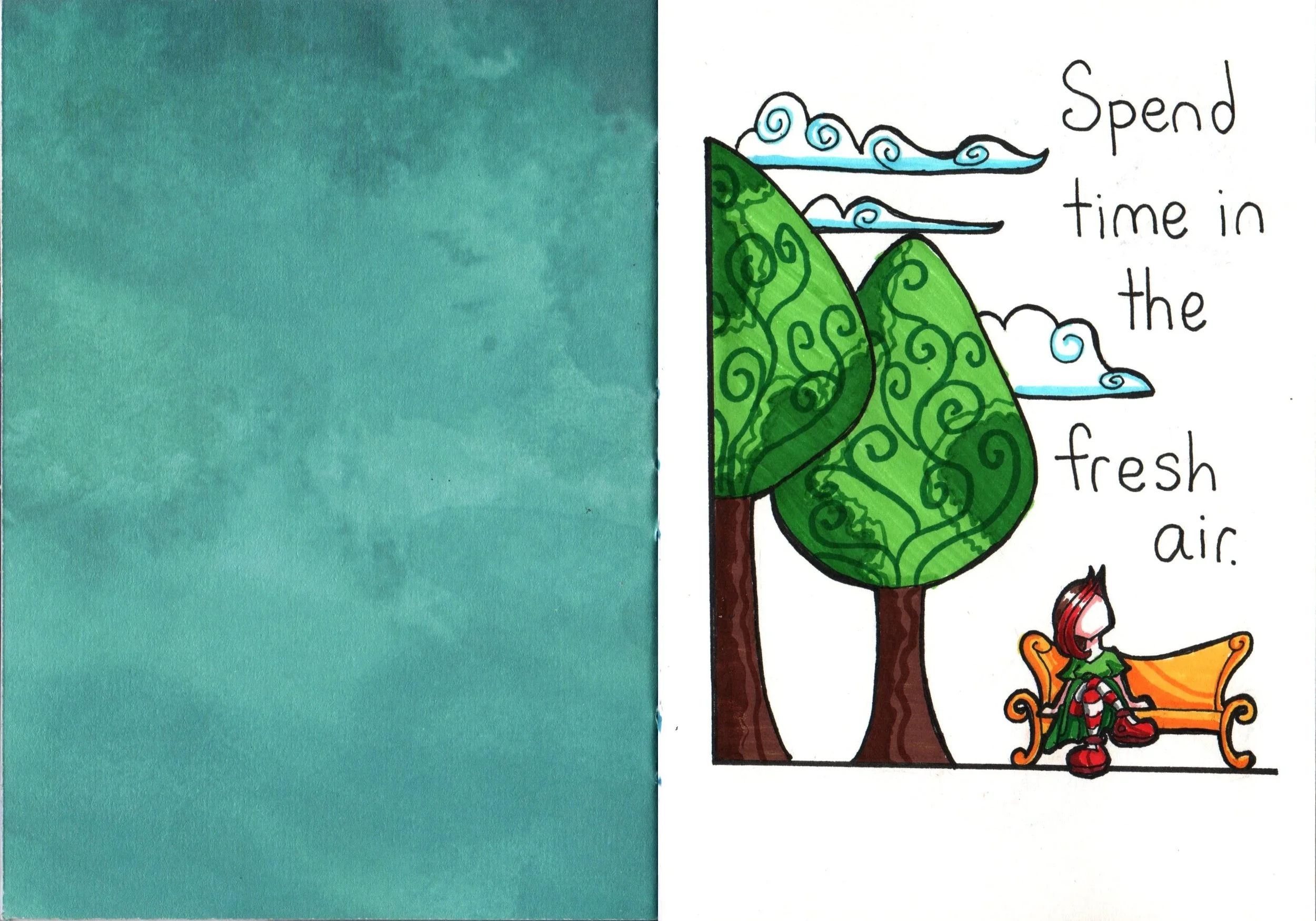 Colorful illustration showing a small person dressed as a Christmas elf sitting on a decorative bench next to a pair of tall green trees with swirly patterns, and a cut-out style background with part of a motivational quote visible that says 'Spend t