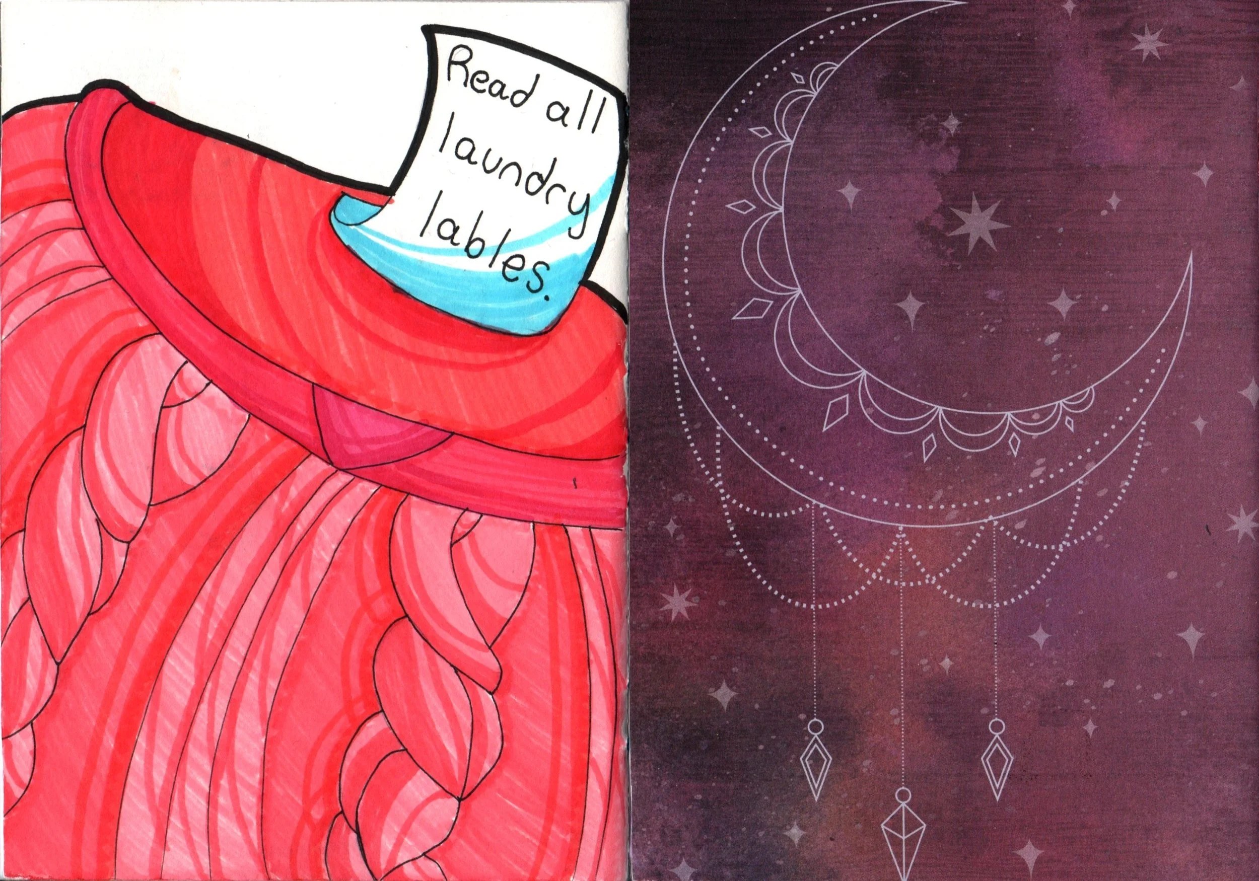 A hand-drawn illustration promoting reading, stating 'Read all laundry labels' with a red laundry basket and laundry inside. The right side features a purple background with a white mystical or celestial design.