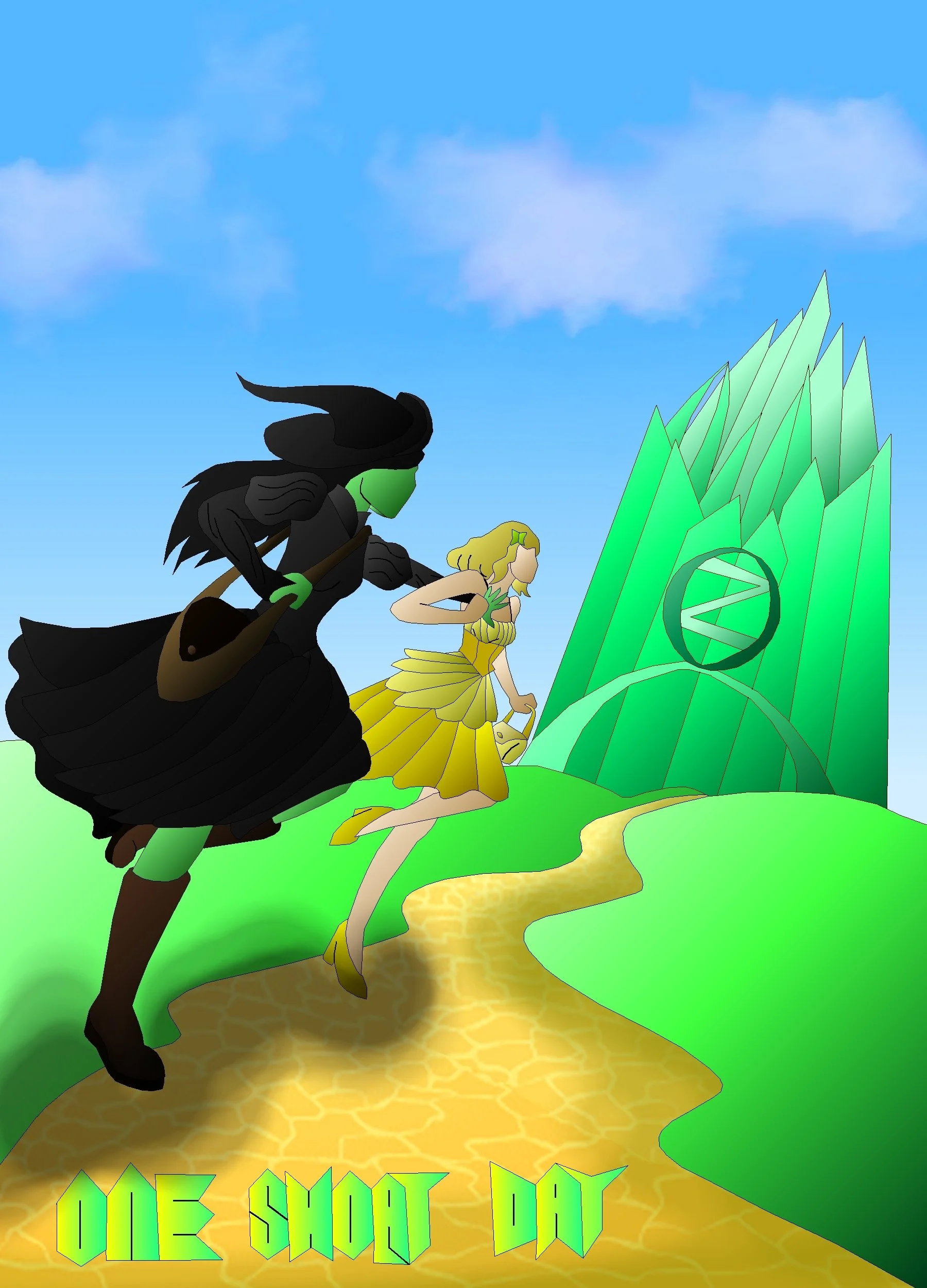 Animated illustration of a dark figure with green face, long dark hair, in black clothing, holding a broom, standing next to a blonde girl in a yellow dress with a yellow bag, walking along a yellow path with green hills and a large green mountain wi