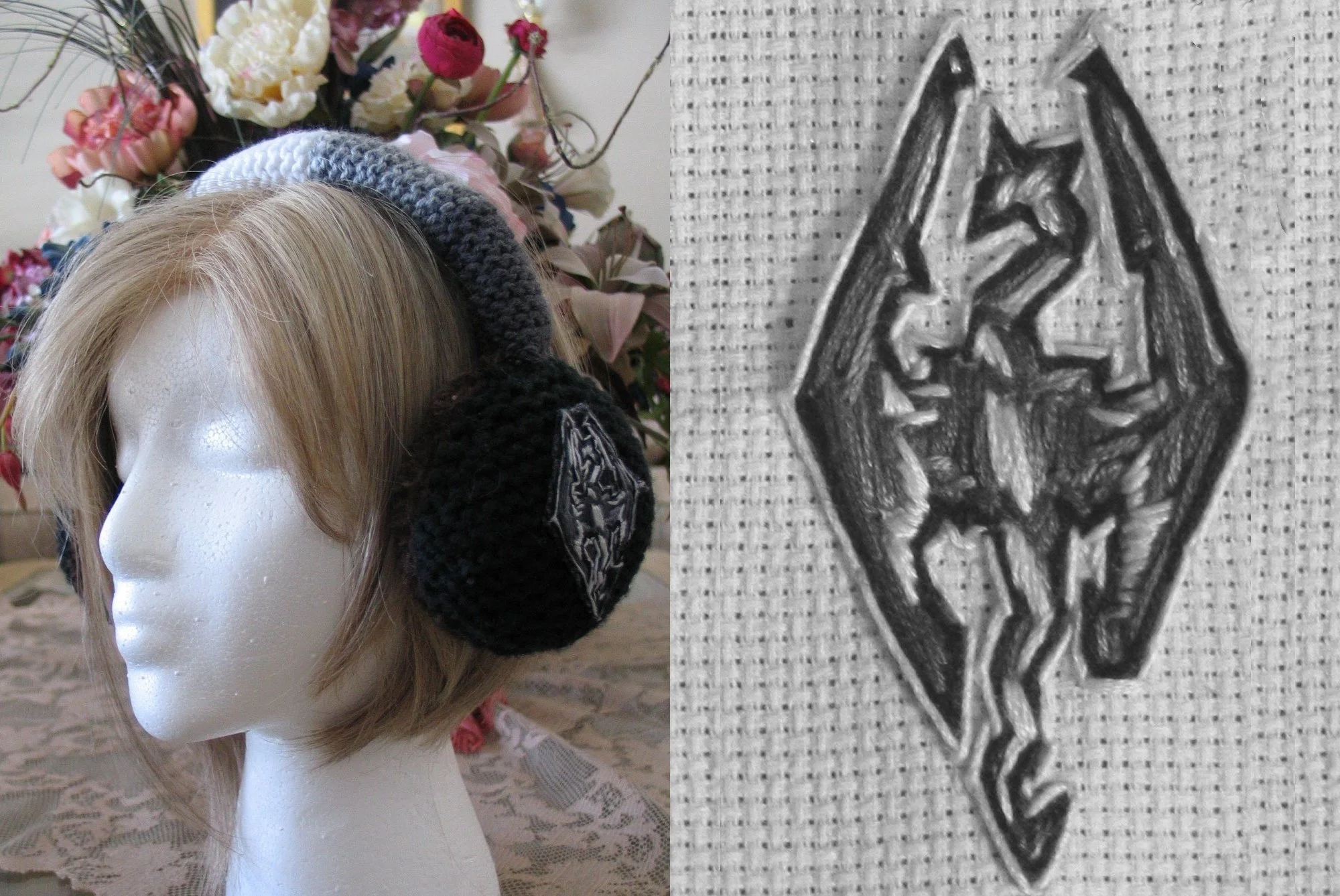 Left Side: A mannequin head with blonde hair and a round face, wearing black earmuffs with a logo, surrounded by a floral arrangement with pink, white, and red flowers. Right Side: A black-and-white hand-drawn sketch of a person with long hair and th